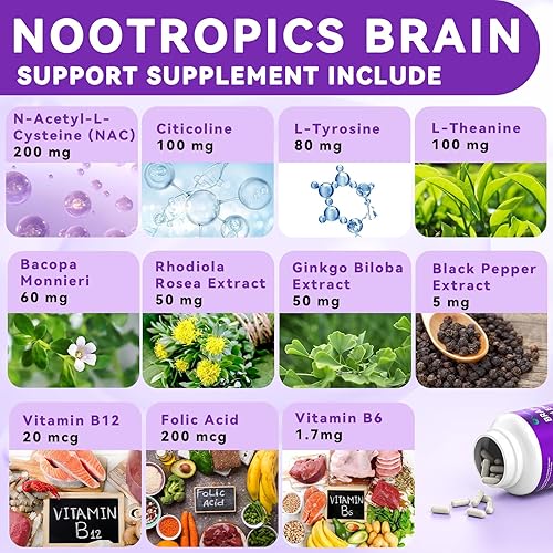 Miniatura 4 de Suplementos cerebrales para la memoria y la concentración, suplemento cerebral 11 en 1 con NAC, B12, L-teanina, Bacopa Monnieri y más, para cerebro,