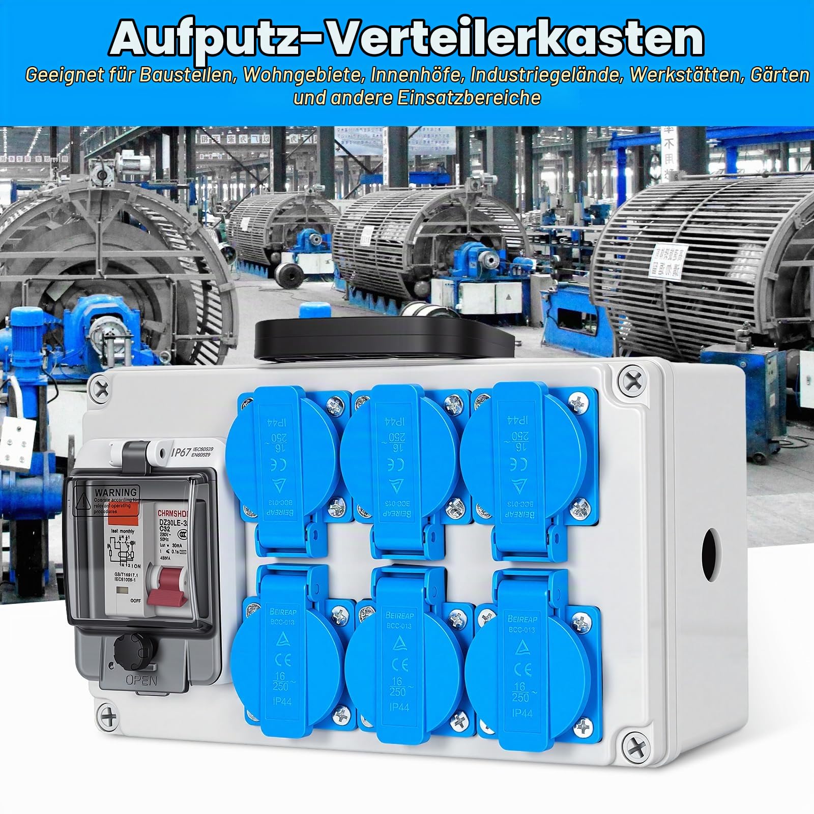 Baustromverteiler 16A IP67 Stromverteiler mit 6-Fach Schuko-Steckdose & FI-Schalter 30mA, 230V Stromverteilerkasten für Baustelle Outdoor Garten, Wasserdichter Wandverteiler mit Leitungsschutzschalter
