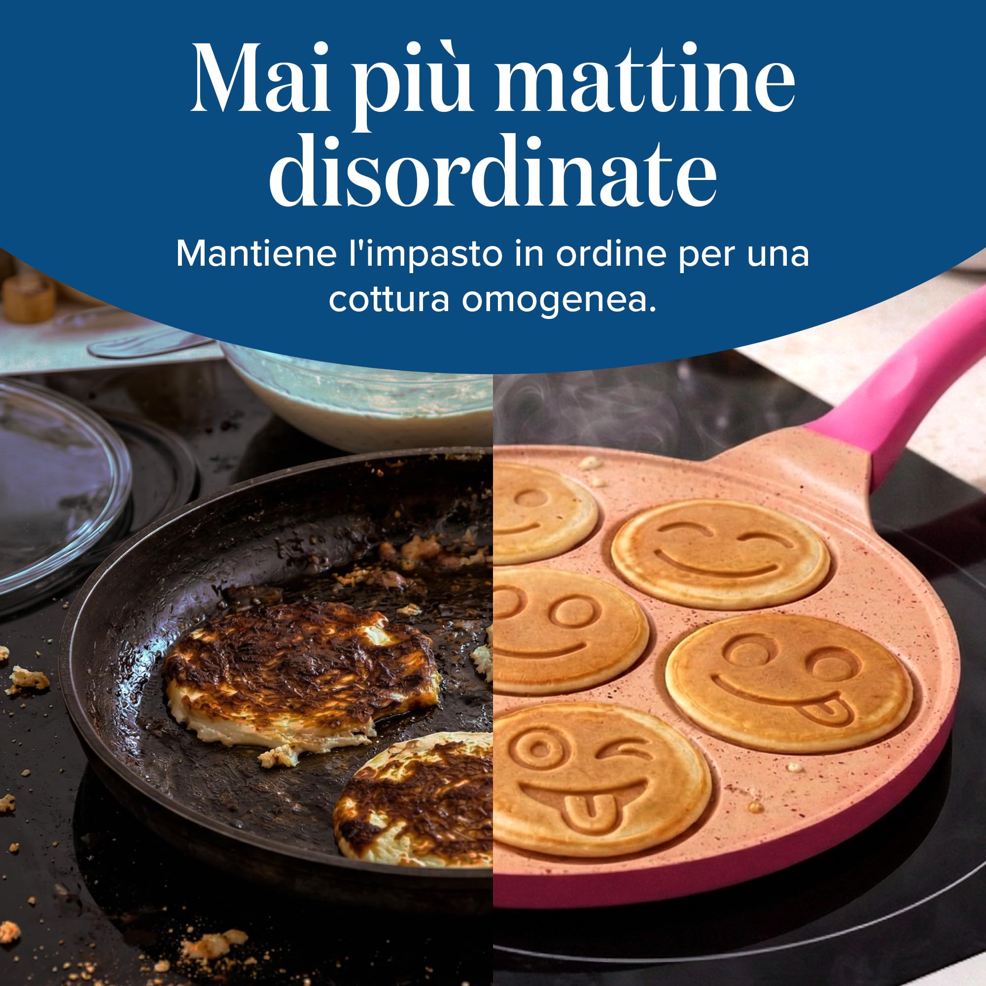 Joeji's Kitchen Teglia per pancake a 7 fori 26,5 cm Smiley - Alluminio antiaderente leggero - Induzione elettrica a gas - Mini pancake pancake crêpe - Cucina divertente per bambini - Rosa