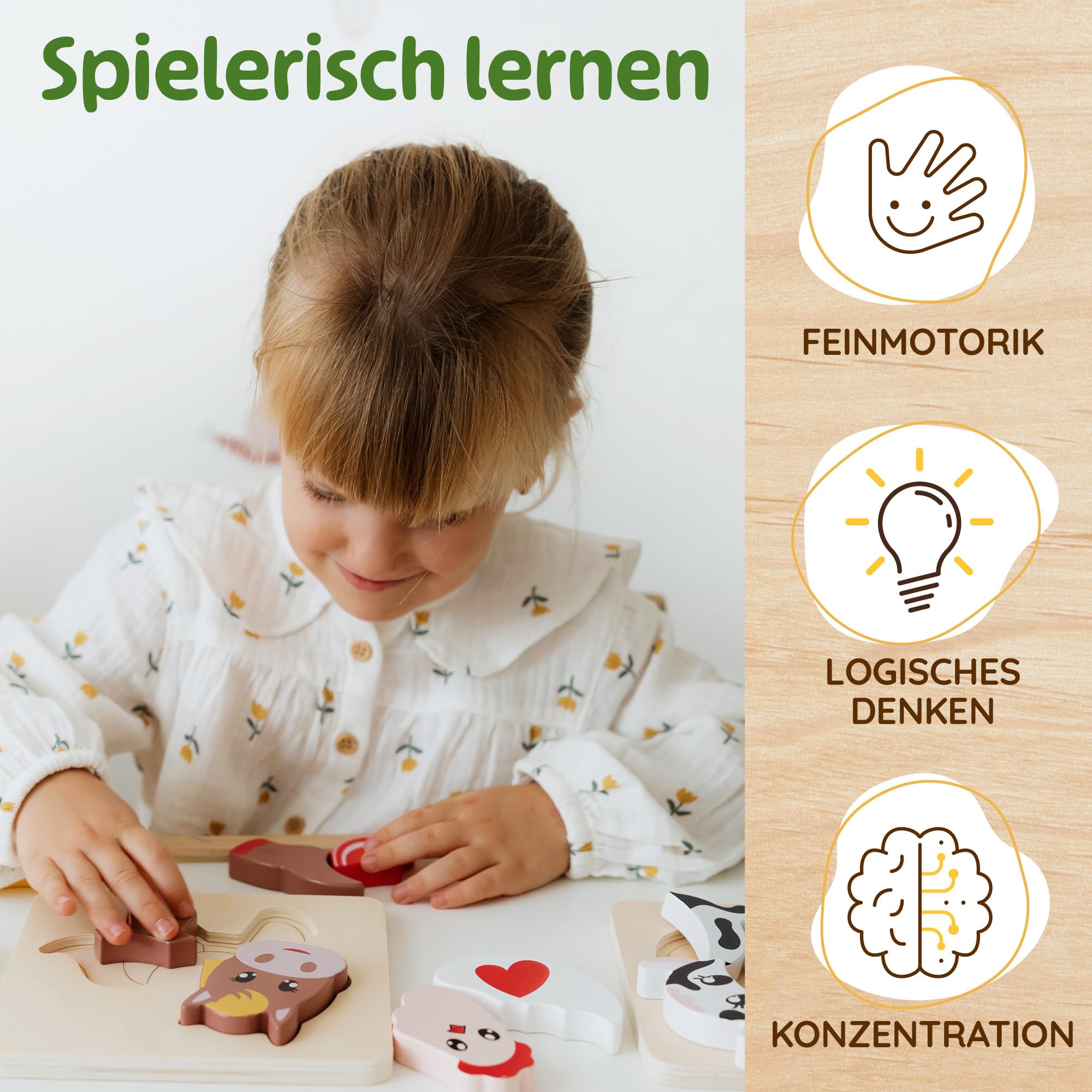 Merle Toys® Holzpuzzle 1 Jahr, Kinder Holzpuzzle ab 2 Jahre, 100% nachhaltig, 4X Greifpuzzle Tiermotive, Montessori Puzzle mit Hilfslinien, Baby Puzzle ab 1 Jahr, Holz Steckpuzzle mit 19 großen Teilen