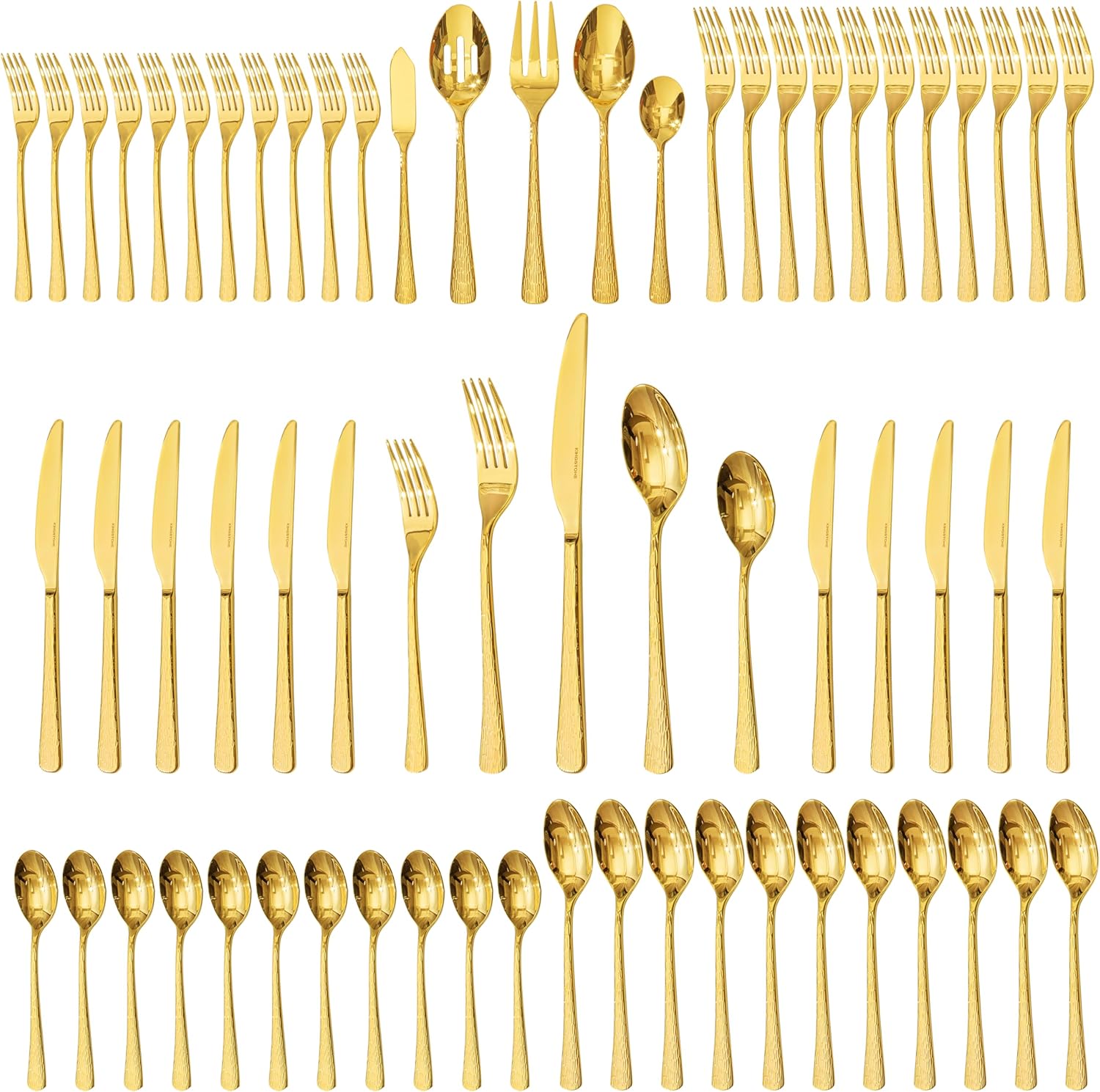 KINGSTONE Gold Hammered Silverware Set, Flatware Set with Serving Utensils, 18/10 Stainless Steel Premium Cutlery with Unique Ripple Handles Design Mirror Polished - Dishwasher Safe (65-Piece) 65-Piece Water Ripple-Gold