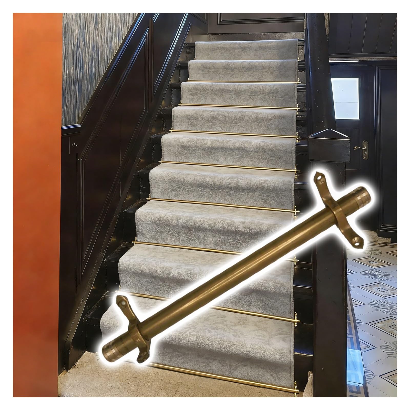 5 12 13 15 20 Pack Stair Runner Rods Antique Brass, 30 32 34 36 40" Stair Rug Runner Rods Holder Bracket Set for Wooden Steps/Metal Staircase, Custom Length(5 Pack,L 28in)