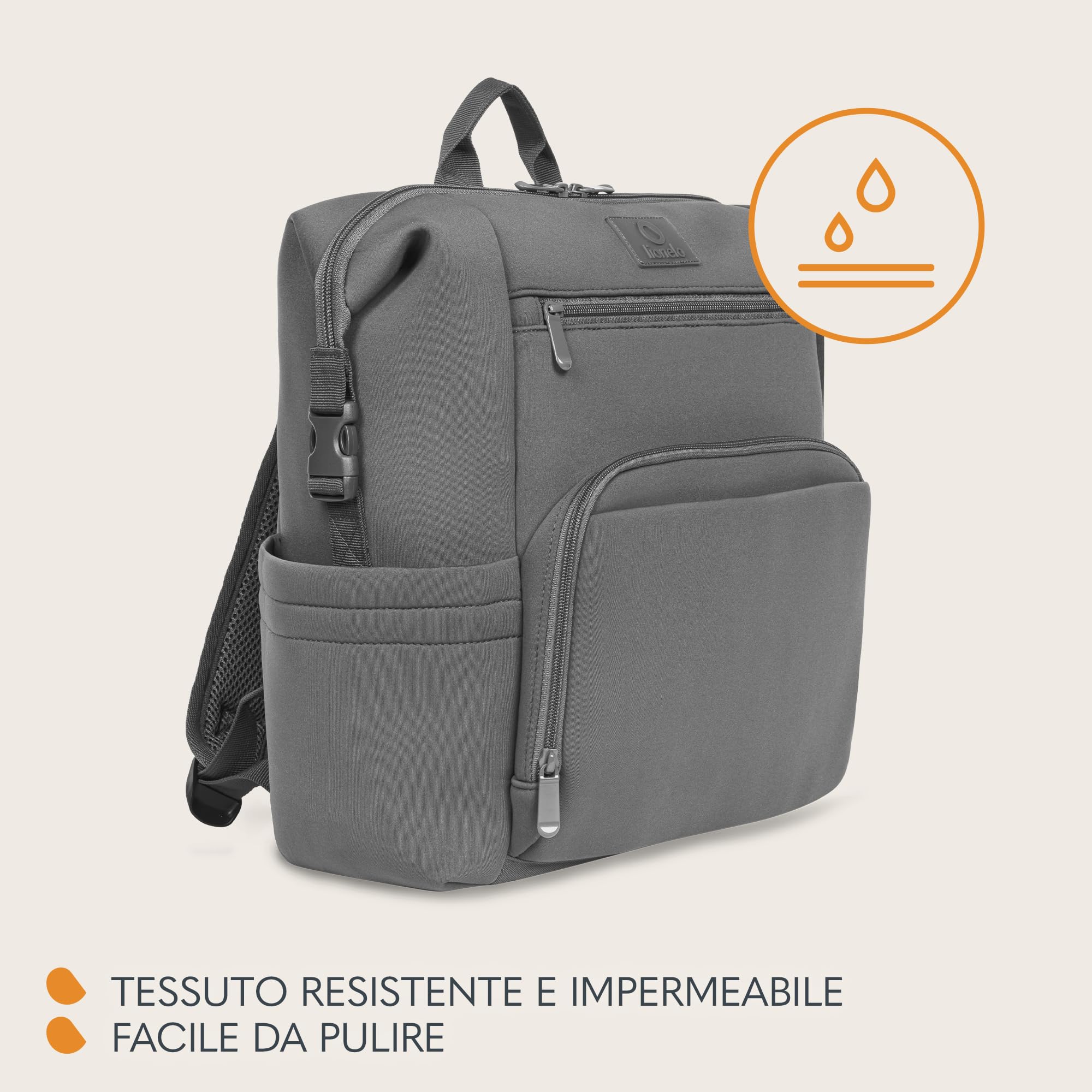 lionelo Cube zaino da città, leggero per passeggiate e viaggi con bambino, multifuntzione 12 tasche, Resistente, Impermeabile, Tasca termica, Agganciabile al passeggino, Fasciatoio, 36x36x23cm