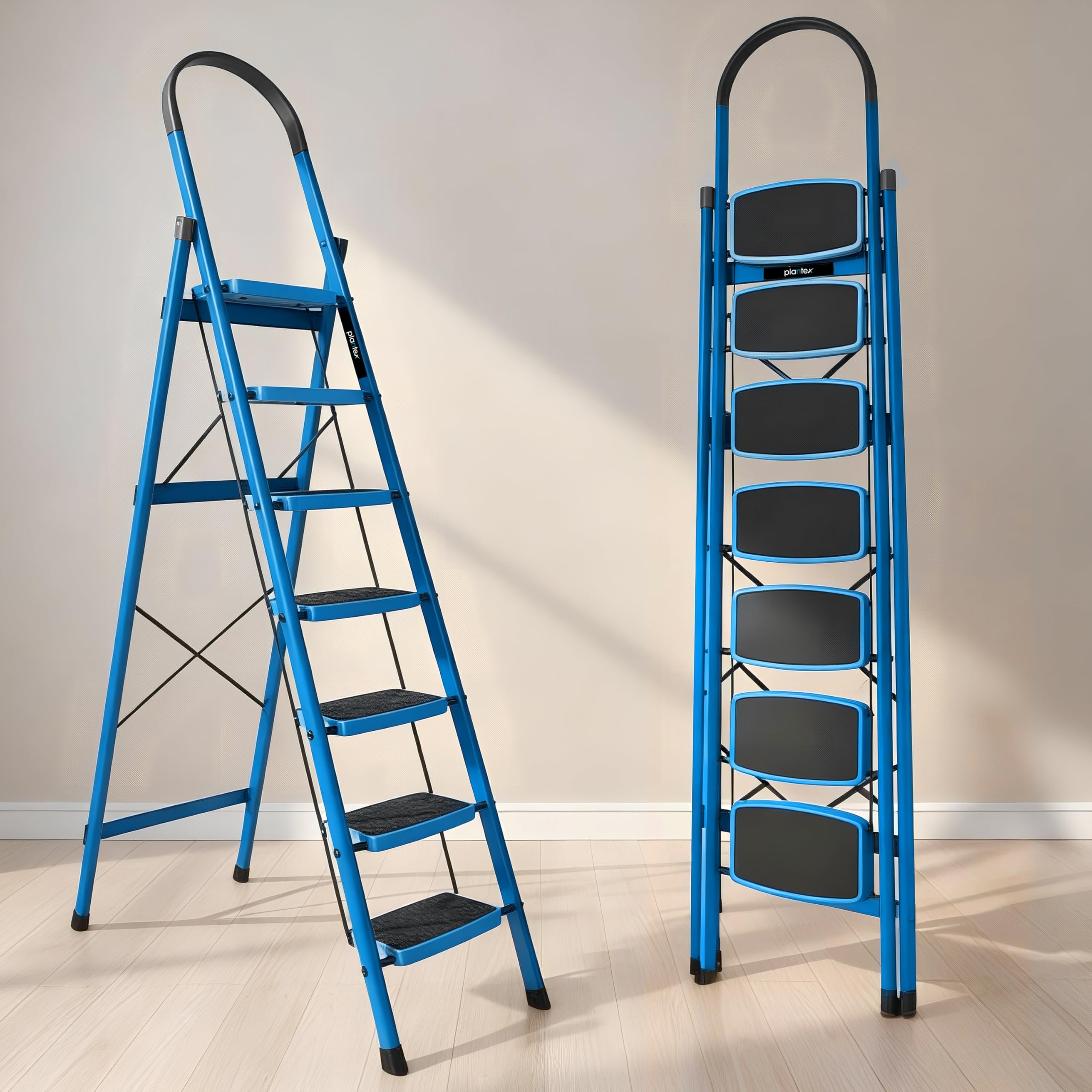 Plantex Premium Steel - 7 Step Ladder/Wide Anti Skid Steps/Heavy Duty Multipurpose Foldable 7 Step Ladder(Blue & Black)