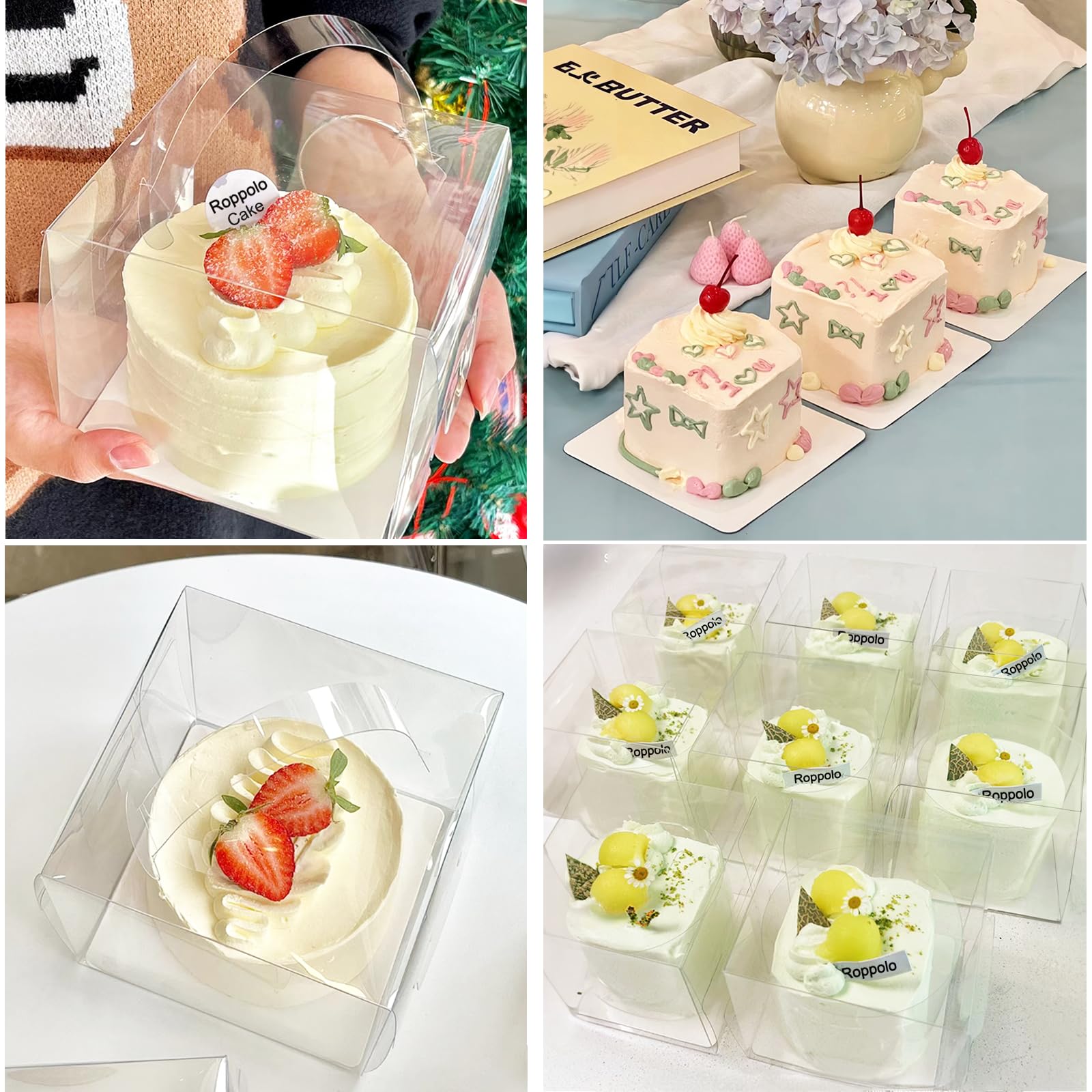 25 cajas transparentes para tartas, cajas de panadería de 5 x 5 x 4 pulgadas con asa y placa de soporte de papel, cajas de recuerdo de fiesta, dulces de galletas de pastel, cajas de pastelería