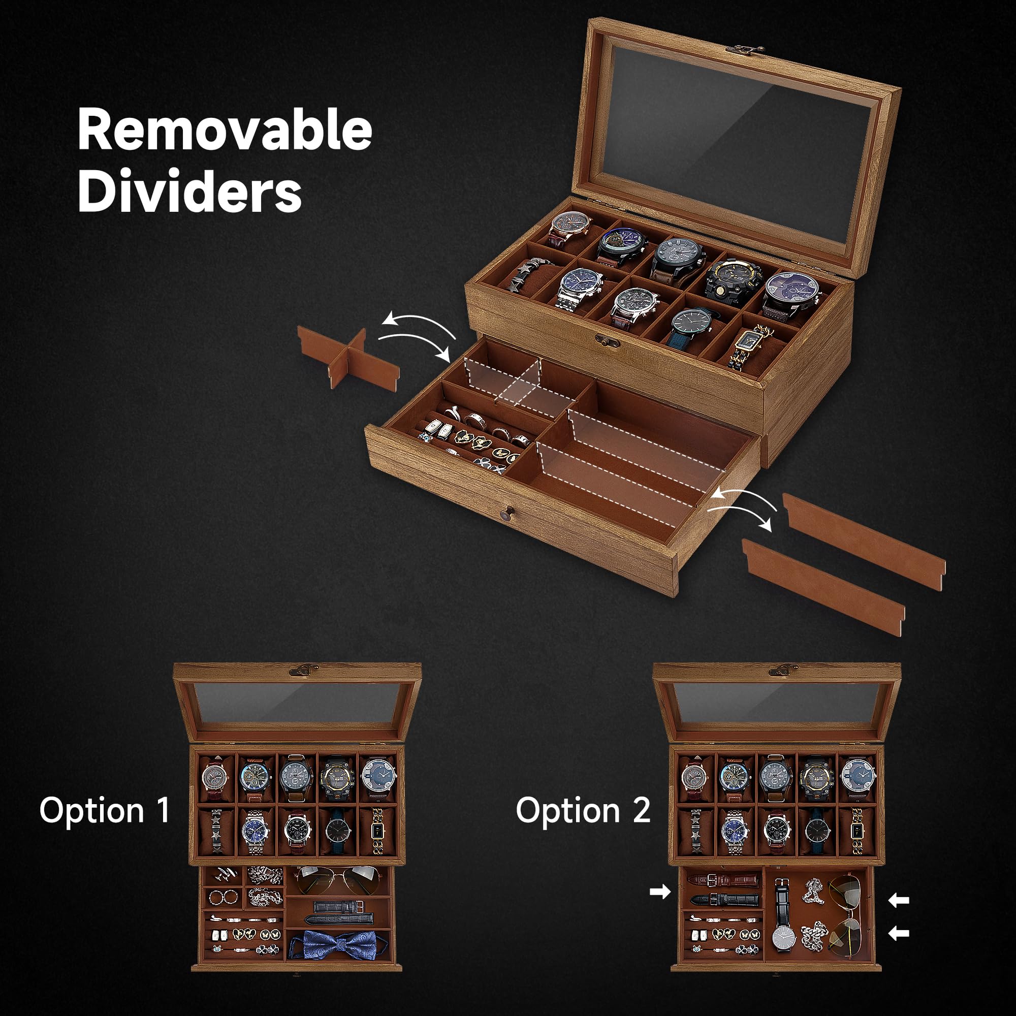 Caja de reloj con 10 ranuras, caja de reloj de 2 niveles para relojes de esfera grande, vitrina de reloj con tapa, almohadas de reloj extraíbles, regalos para hombres y mujeres, organizador