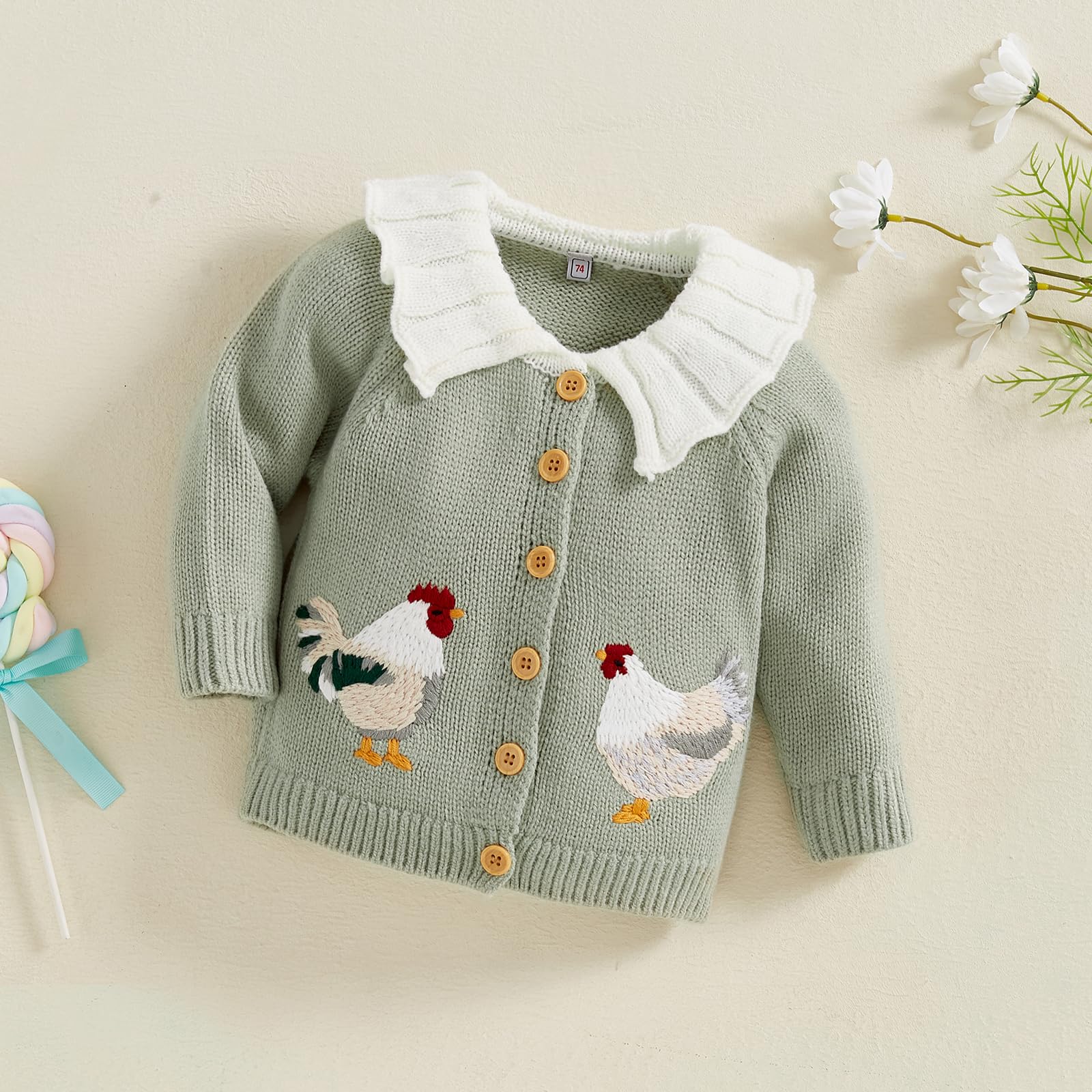Sexy Outfit Cárdigan de Punto para niña, Bordado de Gallo, Cuello de muñeca, Manga Larga, con Botones, Chaqueta de Punto, Abrigo cálido para otoño e Invierno