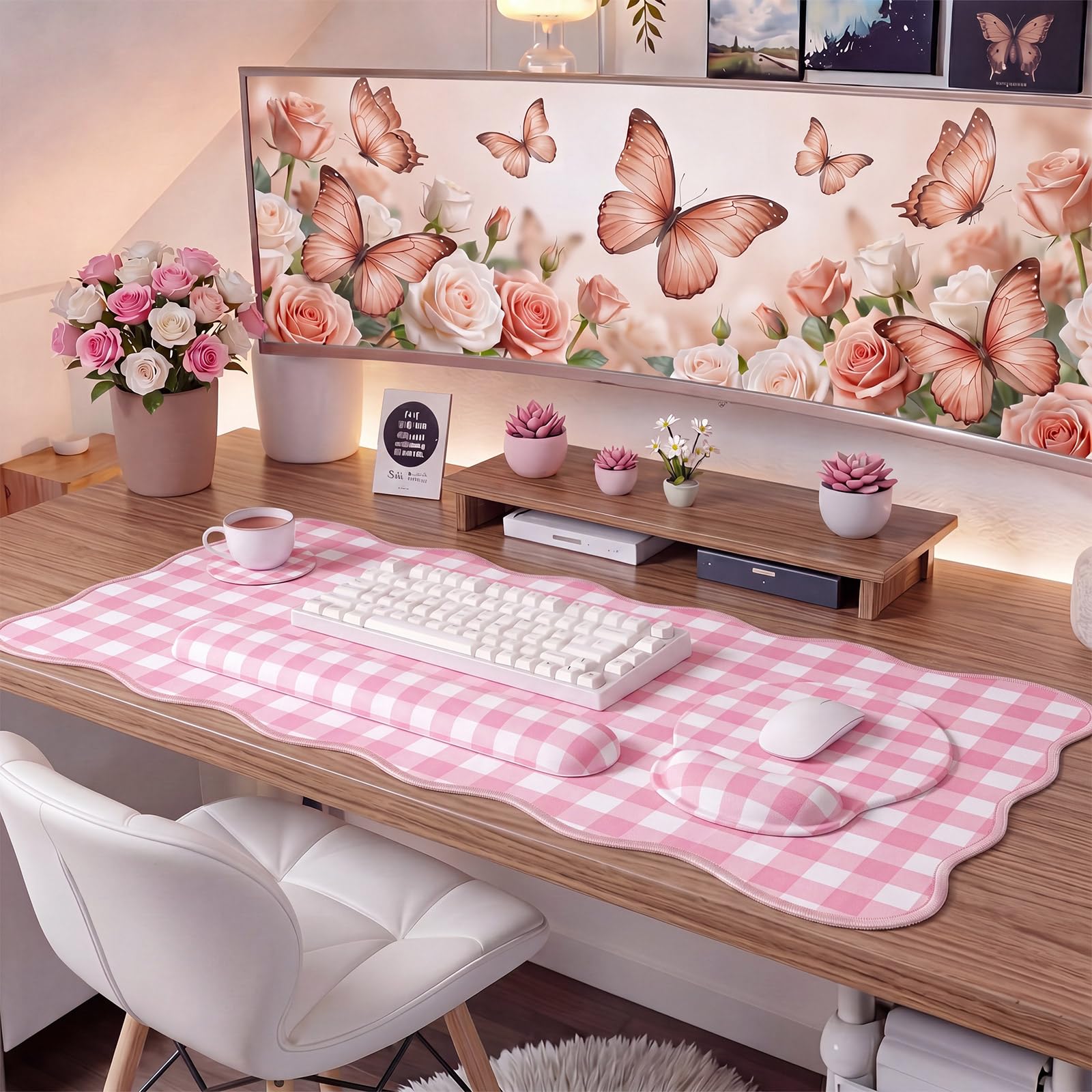 Sabary Set di tappetini da scrivania a quadretti, con poggiapolsi, ergonomici, per tastiera, supporto per il polso, tappetino per computer con bordi smerlati, antiscivolo, per casa e ufficio (rosa, 90