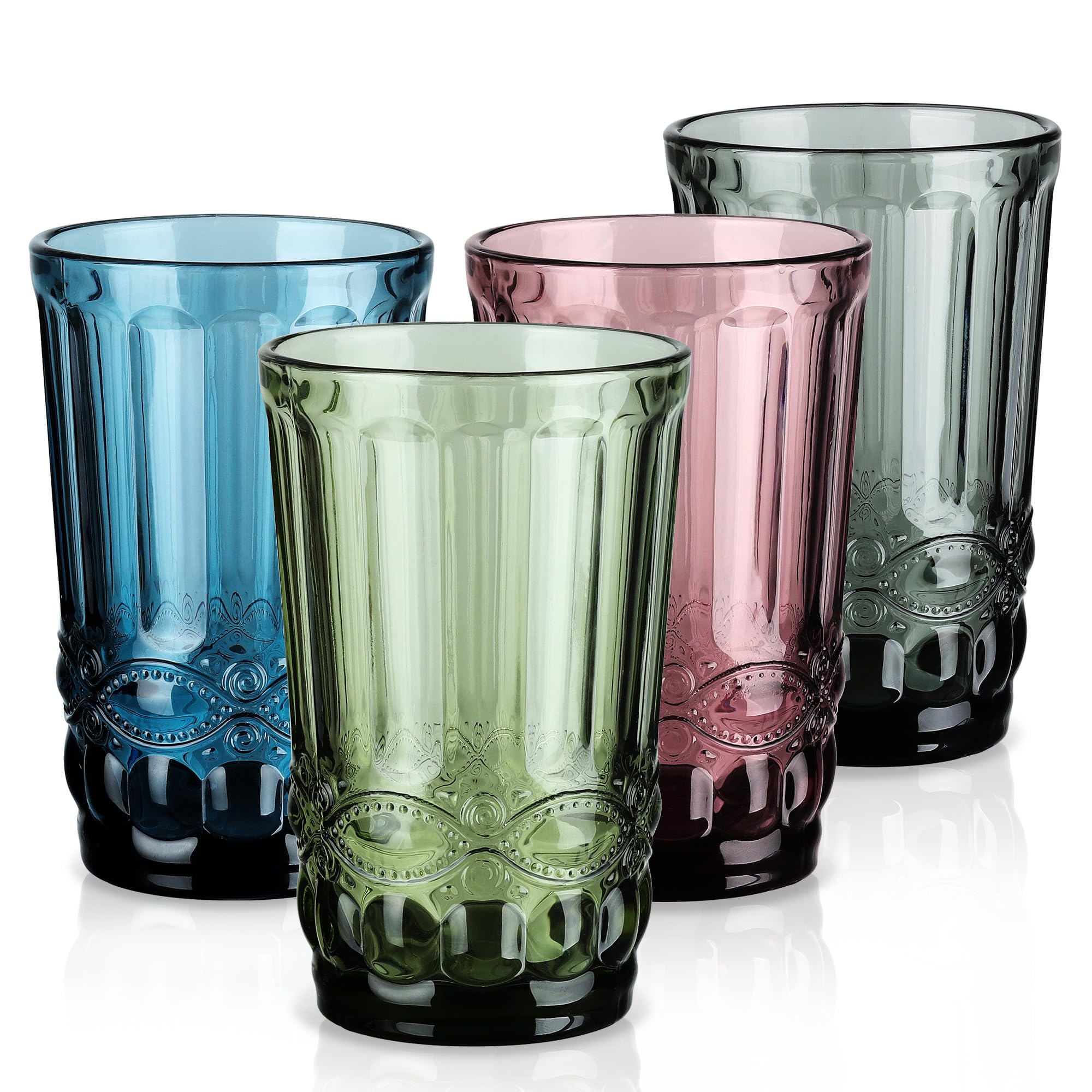 Joeyan Vintage Drinking Glasses Set of 4 14oz Highball Glass Water Tumbler with Embossed Serpentine Pattern Colored Tall