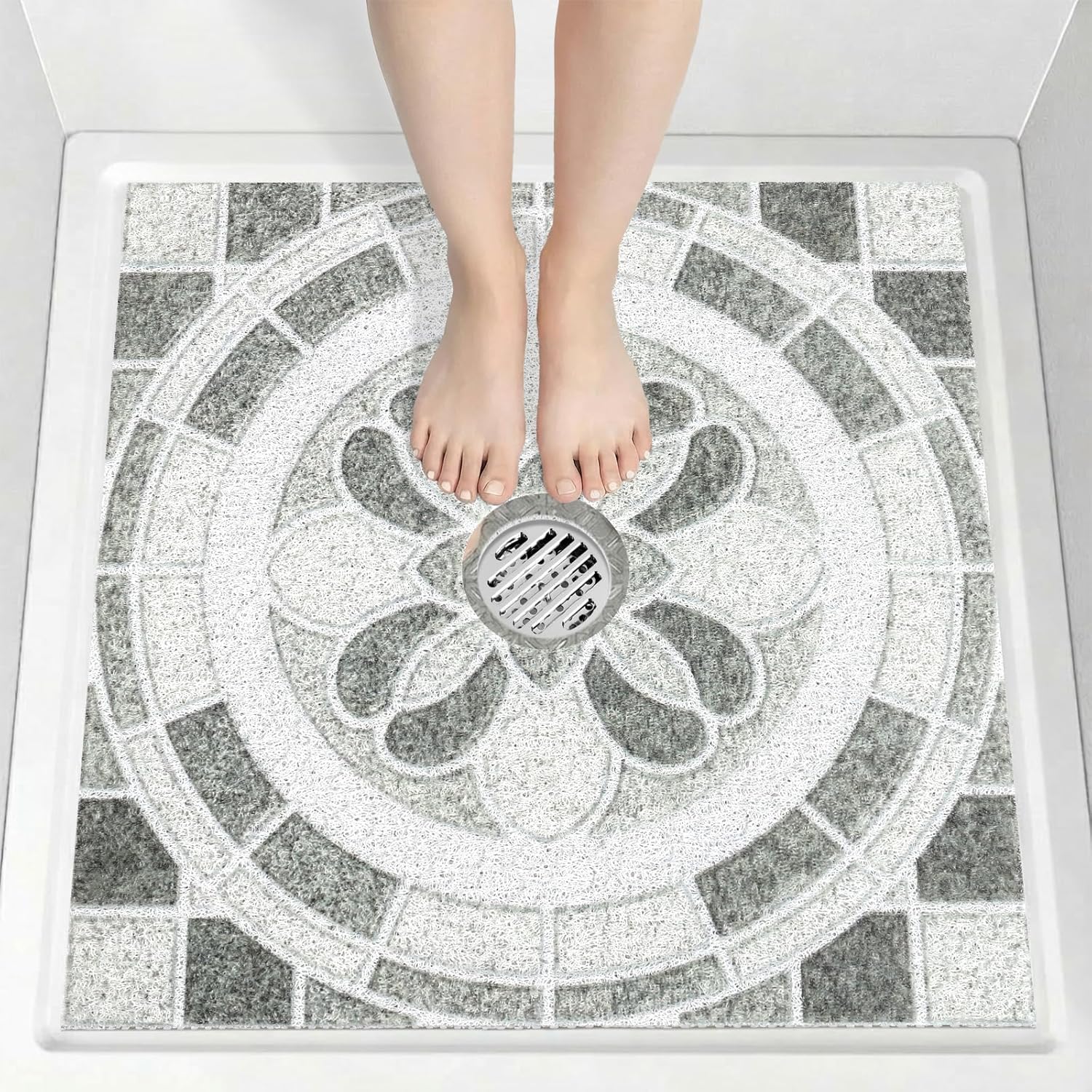 Square Shower Mat Non Slip: 32x32 inch Extra Large Loofah Shower Mats for Inside Shower with Center Drain Hole, Anti-Slip Shower Floor Mat for Walk-in Showers, No Suction Cups, Quick Drying