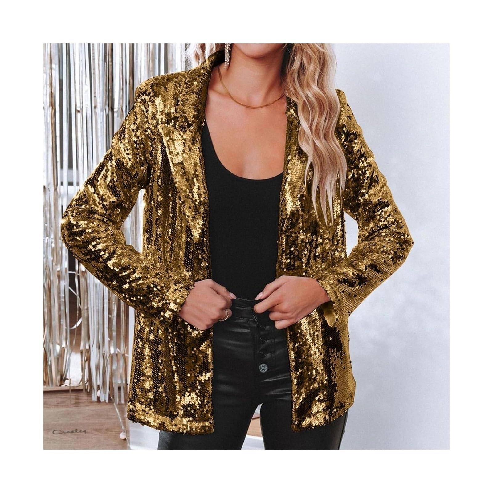 Cekinowa kurtka damska Brokat Jacket Karnawał Cekin Jacket Bolero Świąteczna Retro Długi rękaw Bomber Jacket Noworoczny Strój Rave Coat Casual Modna Impreza Otwarta Kurtka Kardigan