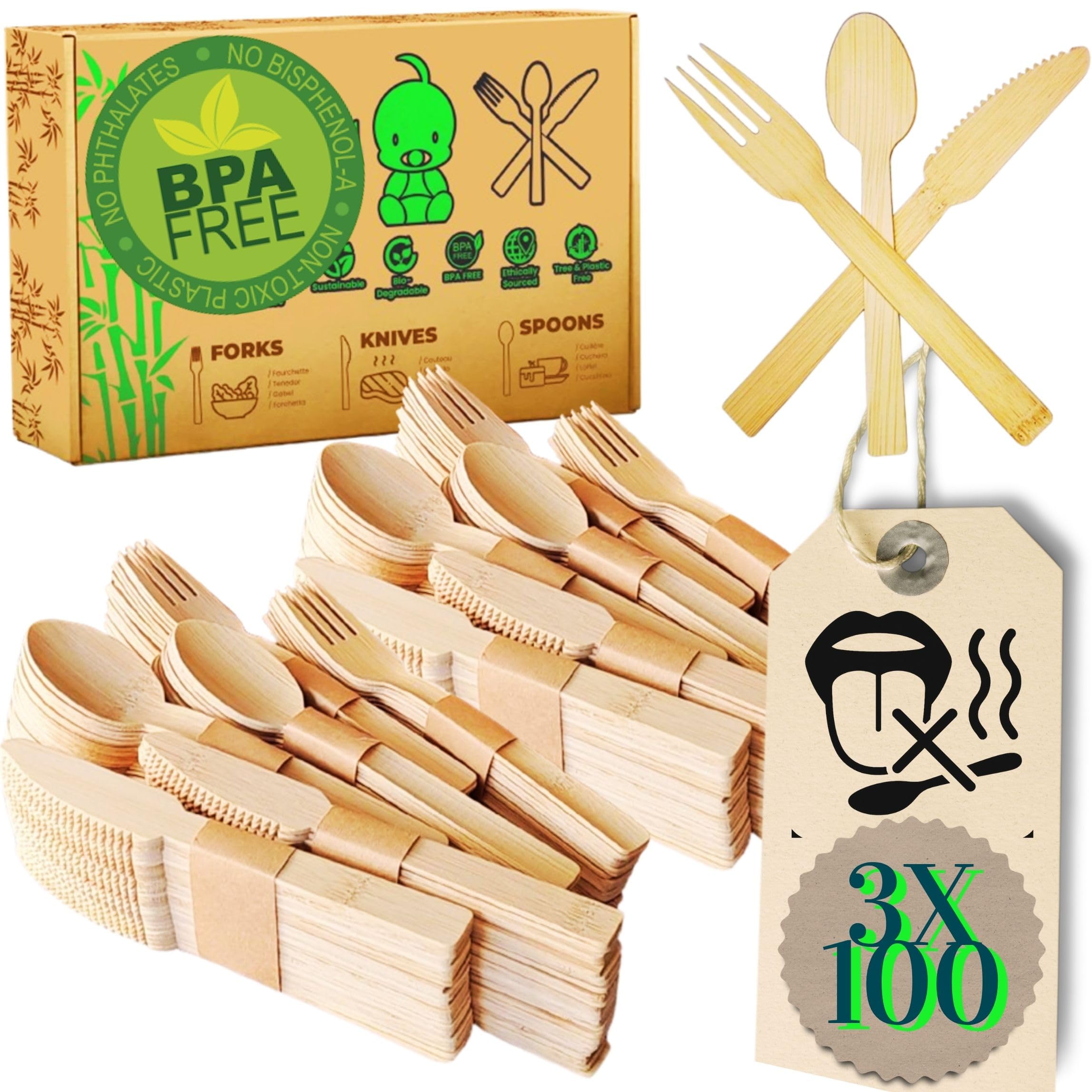 XL 300 Besteck-Set, Bambus, umweltfreundlich, kompostierbar, wiederverwendbar. Kein Holz Geshmack – 100 Gäste (Gabel 16cm/Messer 16cm/Dessertlöffel 14cm). Picknick, Grill, Party, Camping @Claudi Home