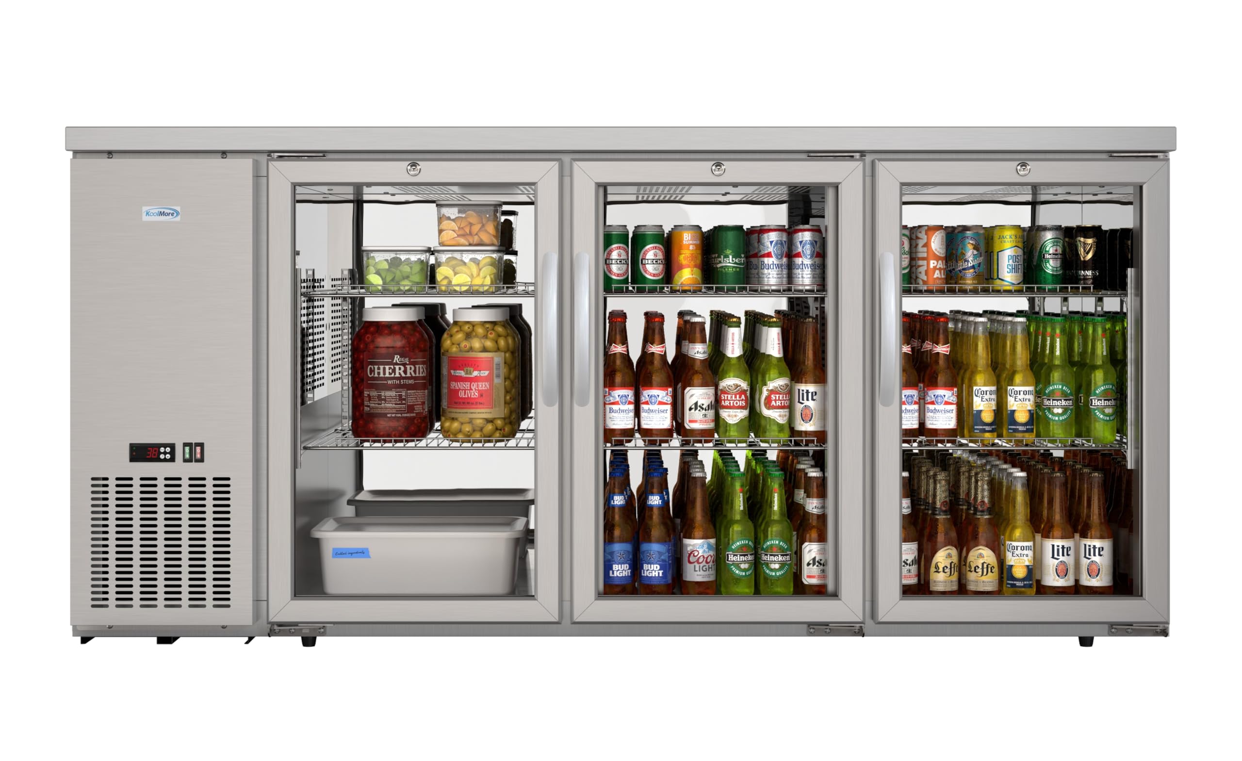 KoolMore 72 in. Commercial Three Glass Door Back Bar Refrigerator Cooler for Beer Bottle & Can Storage with Side Condenser and Compressor, LED Lighting, 18 Cu. Ft. and ETL Listed in Stainless Steel on Fridge.com