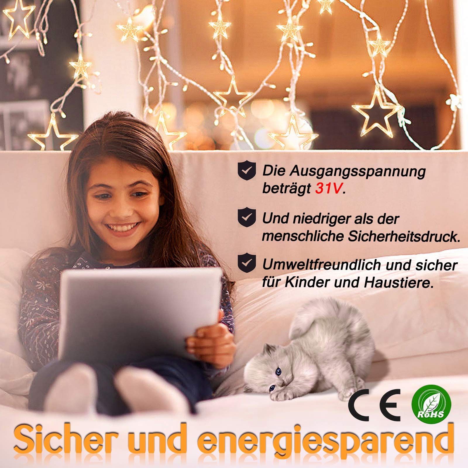 ACXIN 414 LEDs Lichterkette, LED Sterne Lichtervorhang, Weihnachten Lichternetz, 8 Leuchtmodi, für Außen Innen, IP44 Wasserfest, 9m