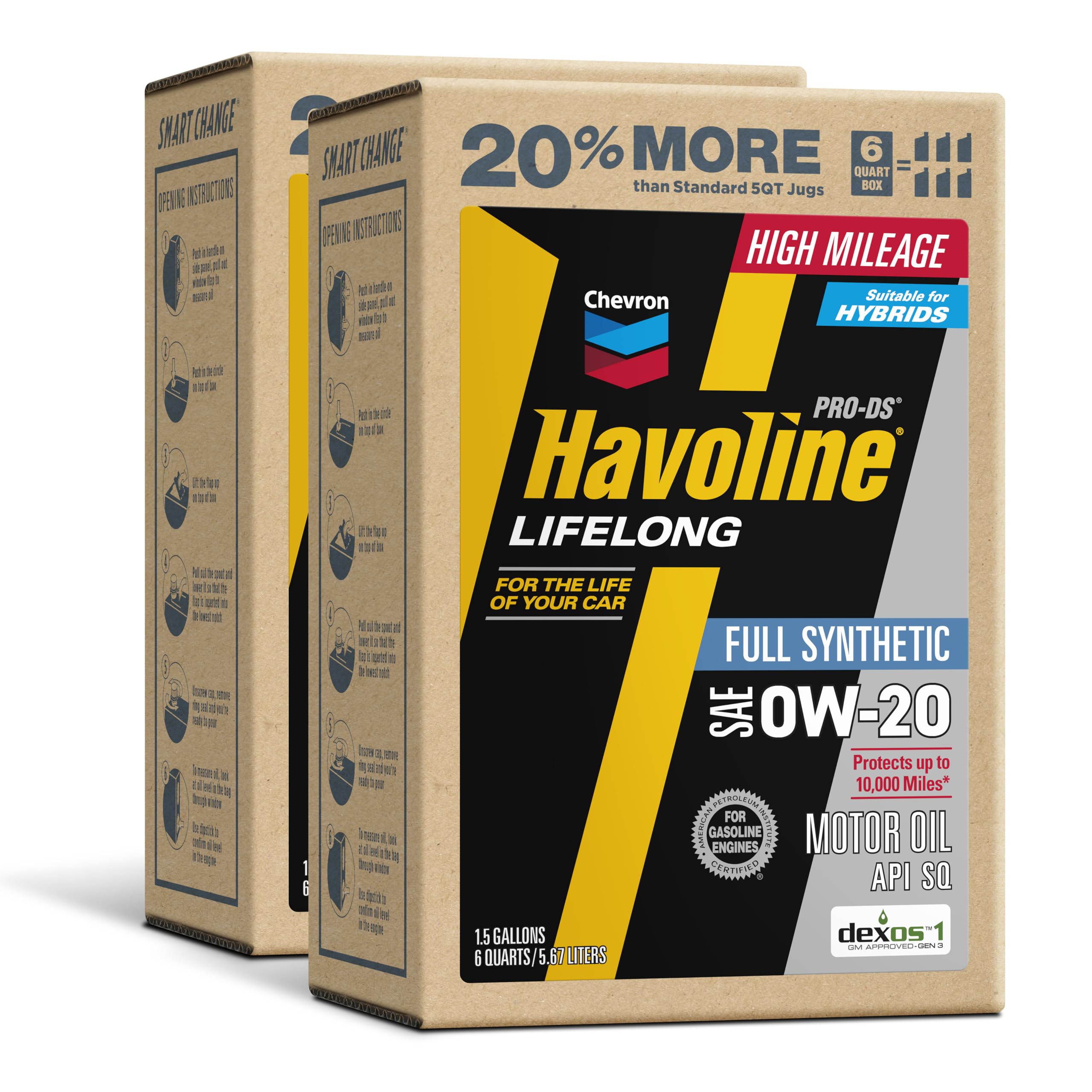 Havoline Motor Oil 5w20 PRO-DS Lifelong Full Synthetic Smart Change Engine Oil, 5W-20, 6 Quarts, Pack of 2