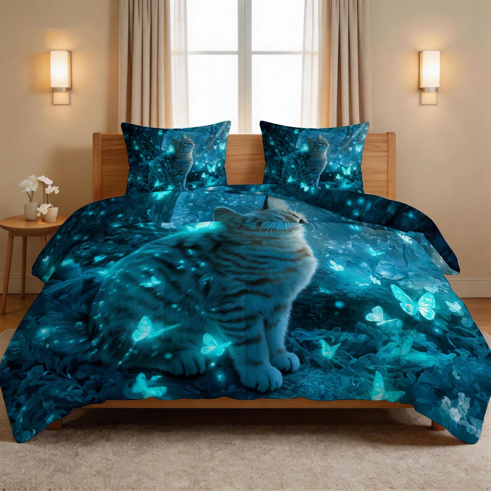 Kołdra 220 x 240 cm Fantastyczny las, dwustronna kołdra dla 2 osób bez rękawów, kot tygrys motyl oddychający koc na 4 pory roku, kołdra dla nastolatka i dzieci - ciemnoniebieski