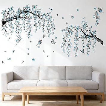 Blue Cherry Blossom Tree Branch Wall Stickers, Large Vinyl Blue Flower Wall Decals with Birds & Butterflies, Removable Tree Wall Decals for Bedroom Living Room Nursery Home Decor