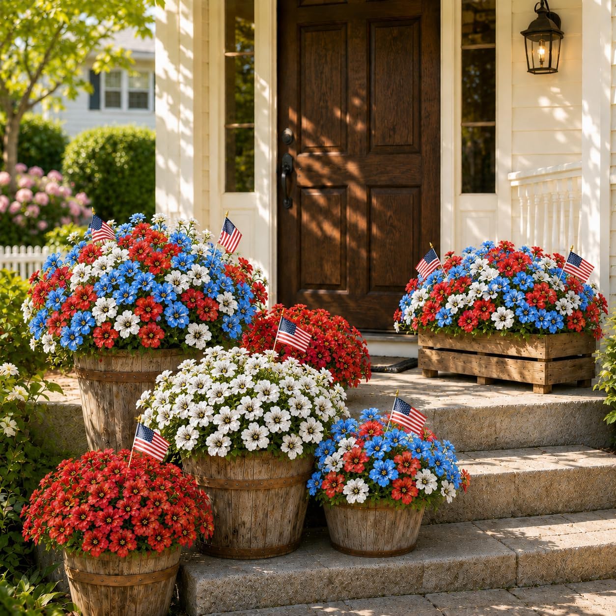 60 Pcs Patriotic Artificial Flowers Independence Day Decor Fake Flowers| Red White Blue Mix Artificial Flowers UV Resistant |for Outdoor Garden Porch Window Box Home |4th of July Memorial Day (60pcs)