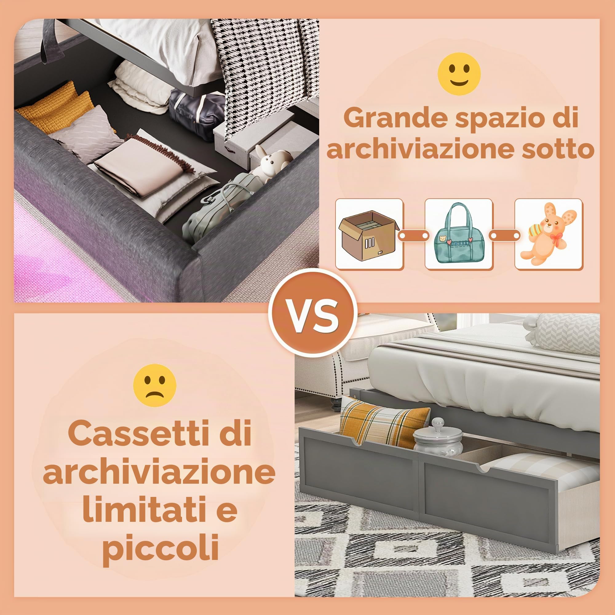 Letto Singolo con Contenitore 90x200 cm con LED e USB, Letto imbottito con Testiera e vano portaoggetti, Letto Contenitore con rete a doghe, Struttura Letto Singolo lino grigio