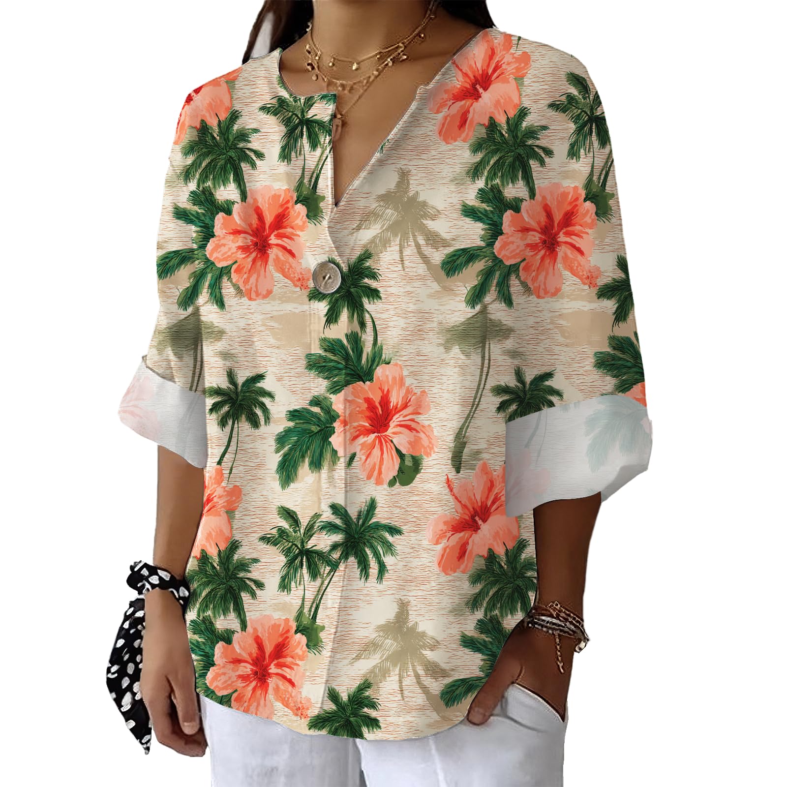 Vintage Floral Graphic Shirt for Summer Women 3 4 Sleeve V Neck Blouse Casual Comfy Trendy Pullover Tops