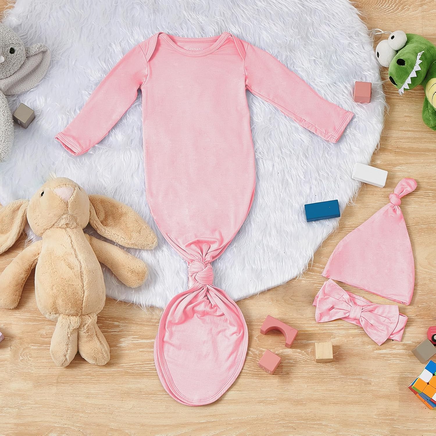 Newborn Baby Knotted Gown, Soft Breathable Baby Sleep Gown with Hat & Headband for Boys Girls - Image 5