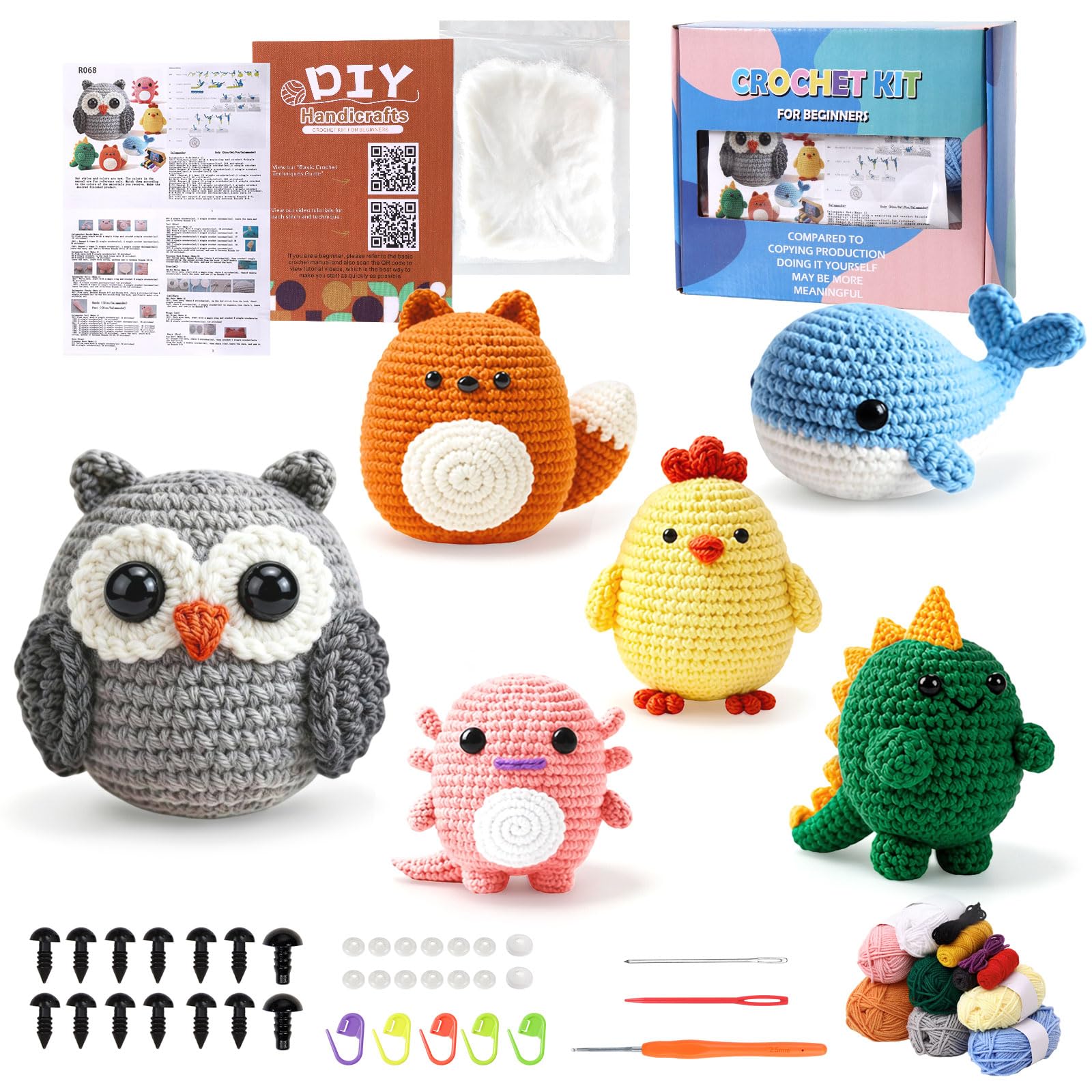 DEMIUKO Crochet Kit for Beginners 6 Crochet Animals DIY Crafts Gift Set