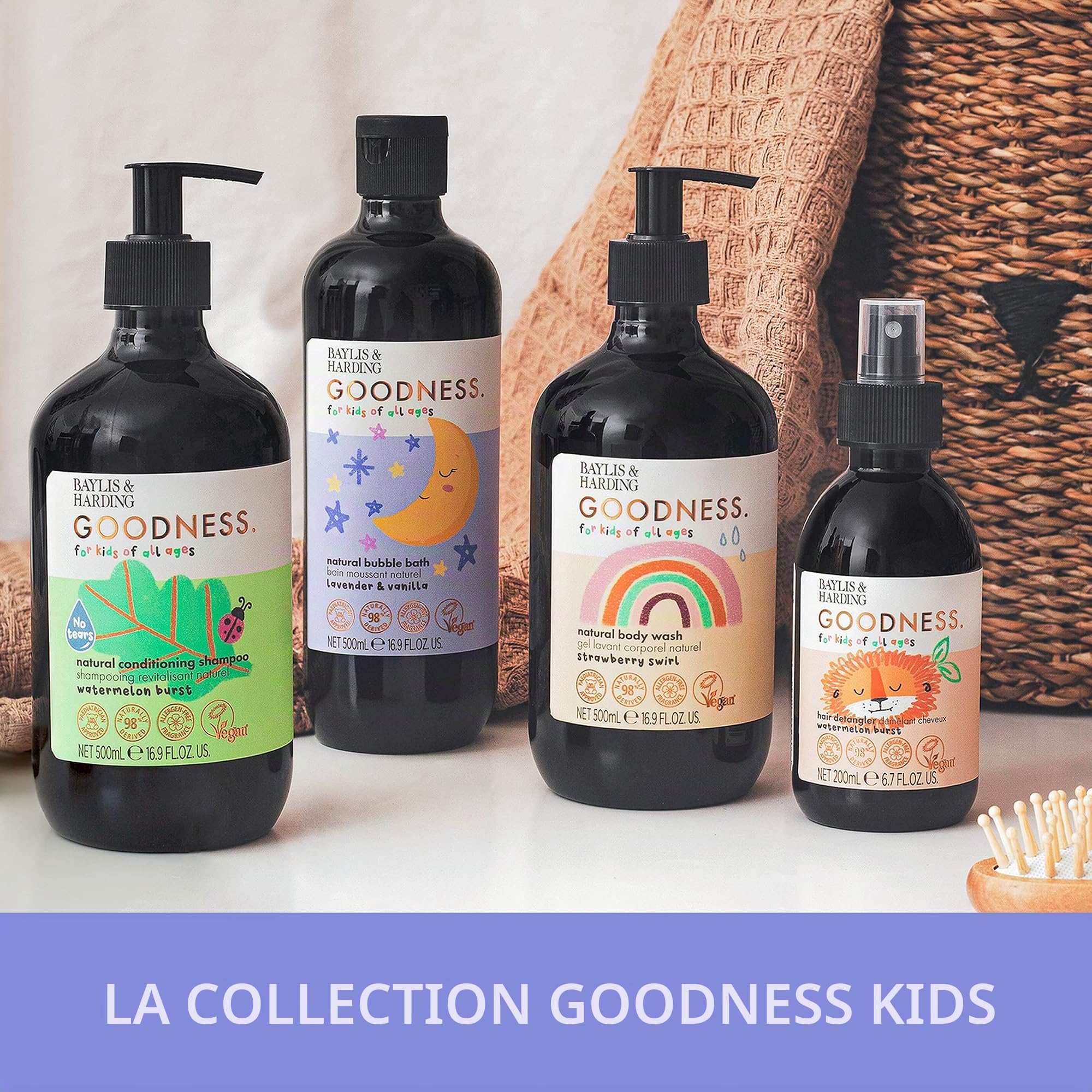 Baylis & Harding Goodness Kids Lot de 3 bains moussants naturels à la lavande et à la vanille, 500 ml, végétalien