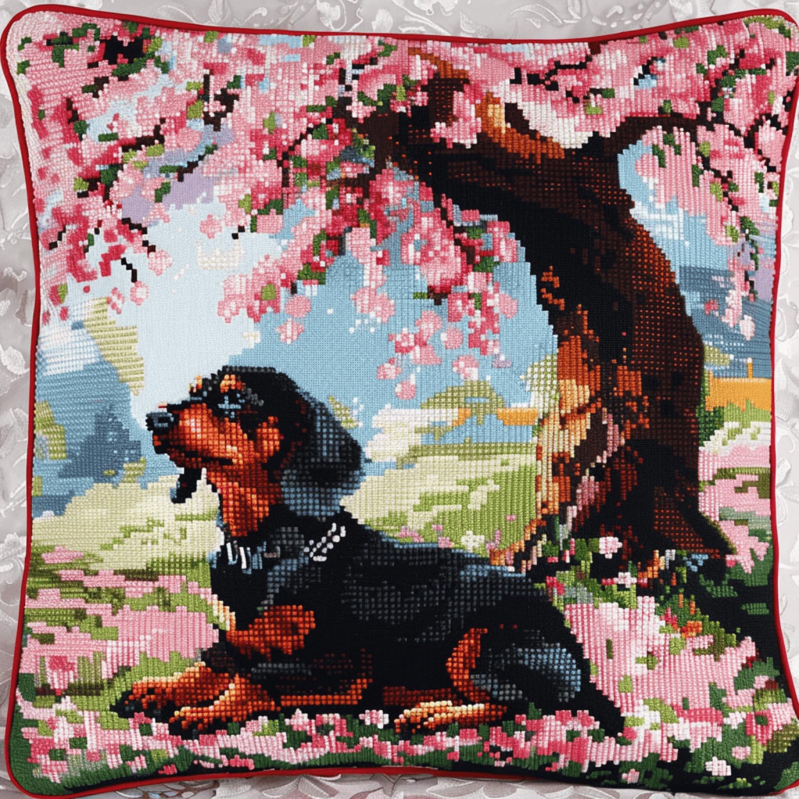 XDEGHUANGSS Latch Hook Cushion Cover Kit Sakura Dachshund – 17x17 Inch DIY Needlework Set for Sofa Cushion or Pillow Case, Includes Yarn & Latch Hook Tool, Beginners Home Decor