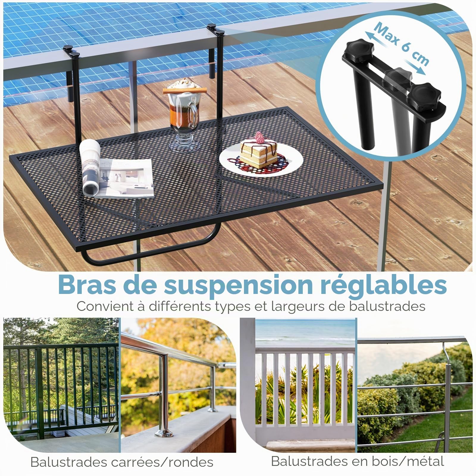KOMFOTTEU Table Balcon Suspendue Pliable, Hauteur Fixe, Charge 23kg