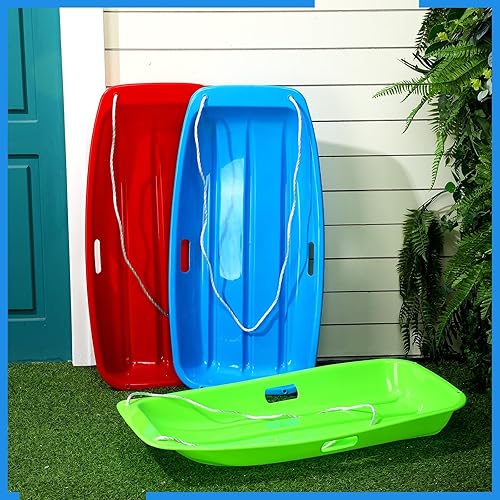 Miniatura 7 de Paquete de 12 trineos de nieve duraderos de 35 pulgadas, trineos de arena de plástico con asas integradas y cuerda de tracción para niños, niñas y