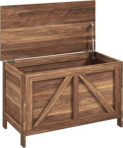 HOMCOM Banco de almacenamiento de granja de 30 pulgadas, baúl de almacenamiento superior con bisagra de seguridad para abrir 100°, baúl de madera