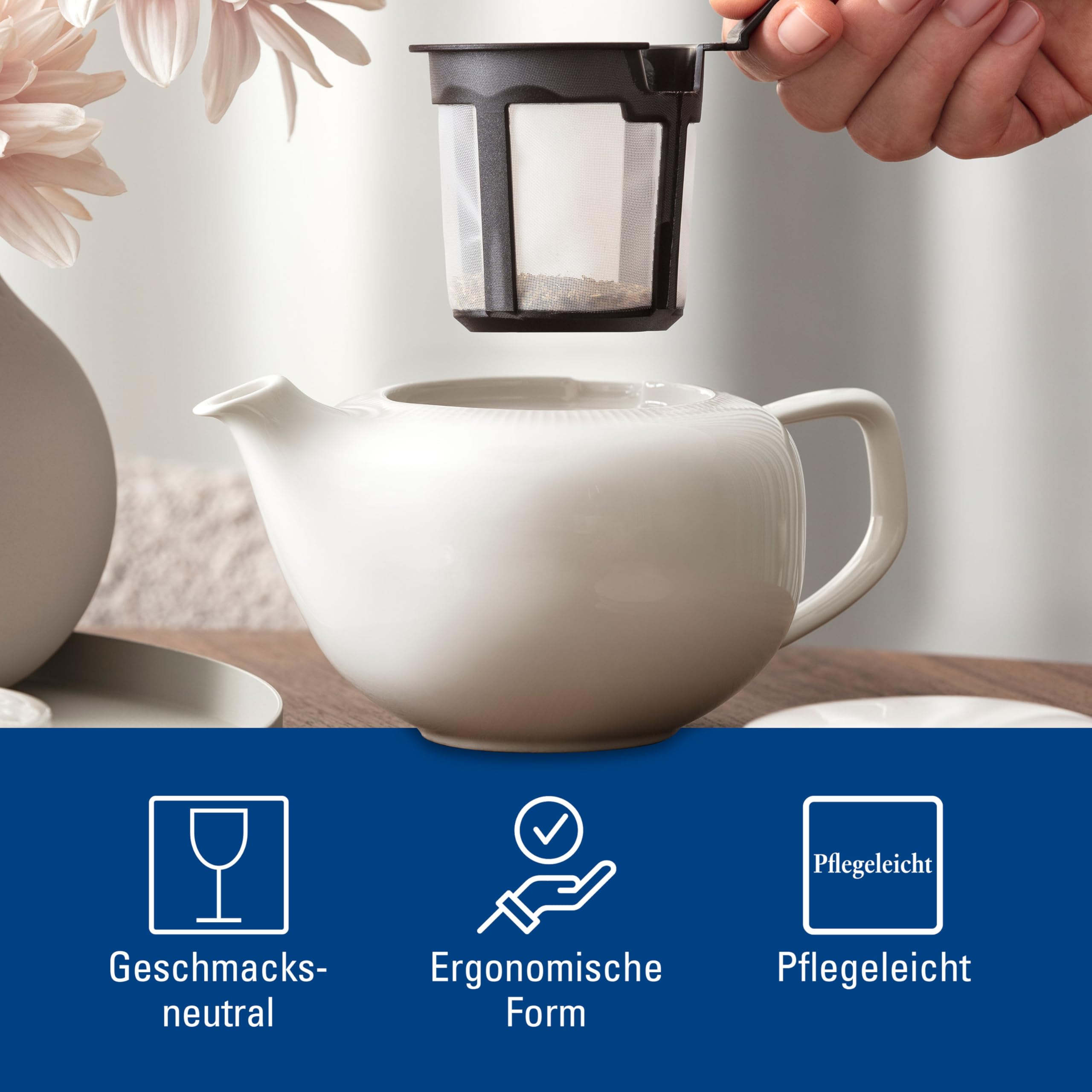 Villeroy & Boch - Afina Teekanne Inklusive Deckel und Filter, Kanne für Tee aus Premium Porzellan, Made in Germany, spülmaschinenfest und mikrowellensicher, weiß