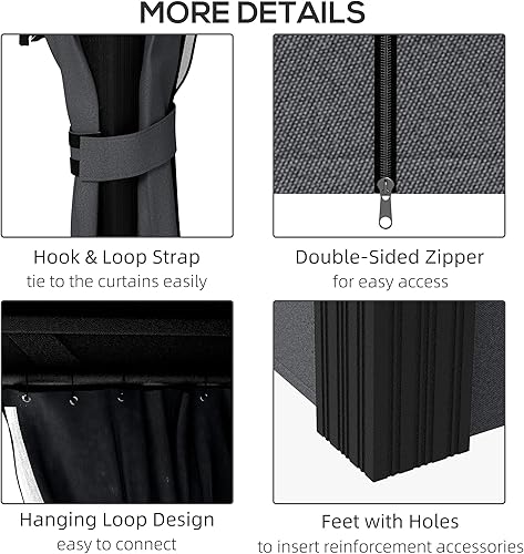 Miniatura 6 de Outsunny Cenador de techo rígido de 10 x 12 pies con cortinas y red, toldo permanente de metal de doble techo con marco de aluminio y ganchos, para