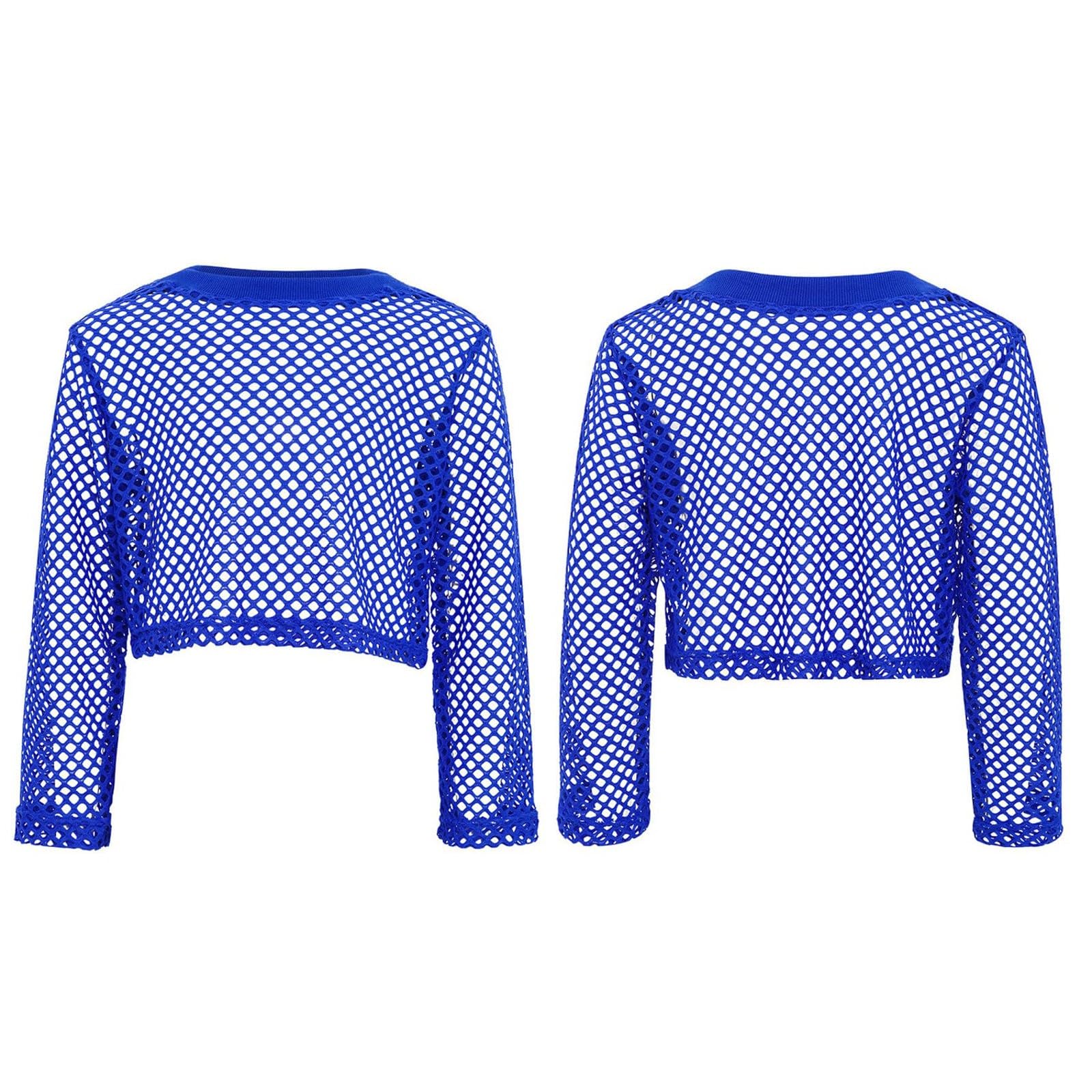 Generisch Neon Kinder Netzoberteil Mädchen Langarm Gehäkeltes Crop Top Hollow Out Mesh Tshirt Basic Oberteil Kurz Unterhemd Tanzkleidung