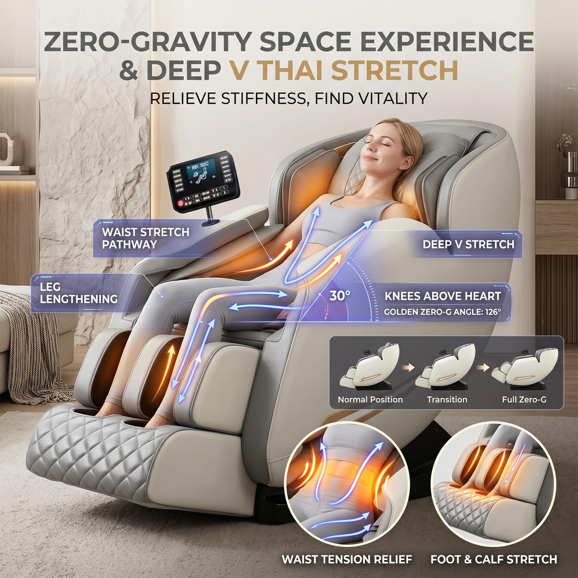 Sillón de Masaje Lujo Gravedad Cero, Riel SL 4.0 Inteligente, Masaje de Cuerpo Completo con Estiramiento Tailandés, Pantalla Táctil LCD, Calor, Bluetooth, Airbags, Sin Montaje(Bianco)