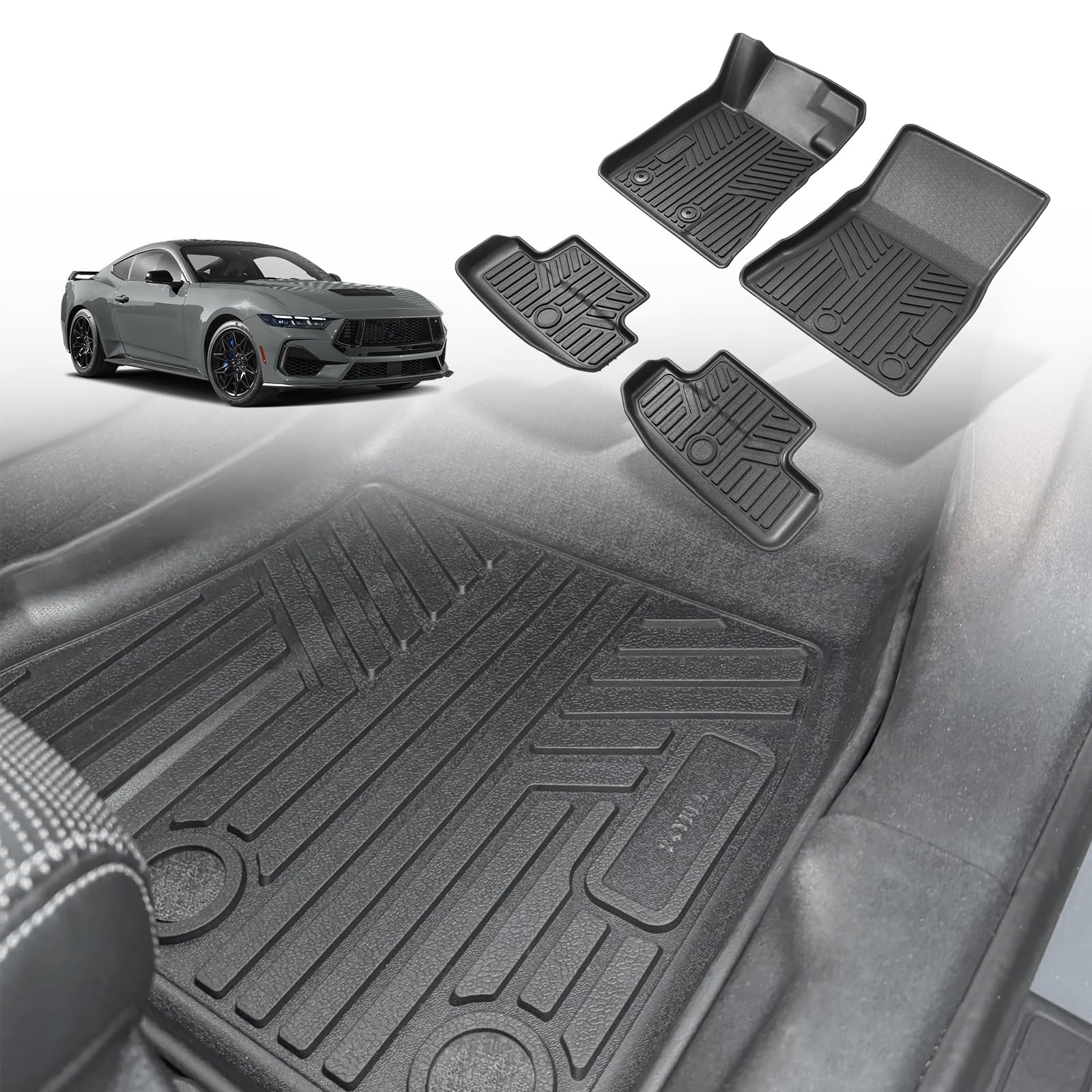 TripleAliners for 2024 Mustang Floor Mats 1st & 2nd Row Floor Liners Heavy Duty All Weather Protection Mat TPE Floor Carpet Compatible with Ford Mustang 2024 Accessories