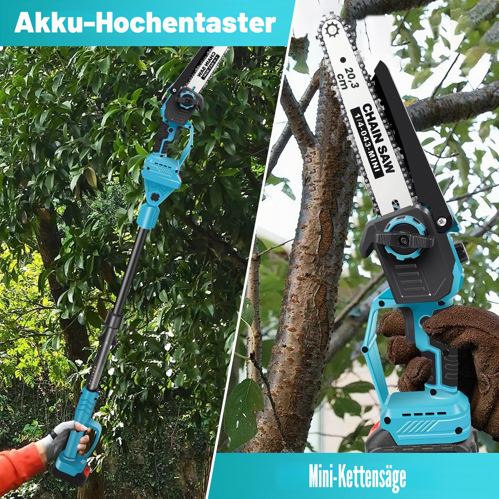 Hochentaster Akku 8 Zoll für Makita 21V, Bürstenlose Teleskop Astsäge, 2 IN 1 Mini 8 zoll Akku Kettensäge und Teleskop Elektro Hochentaster Astsäge Arbeitshöhe bis 4,5m (2 Akku)