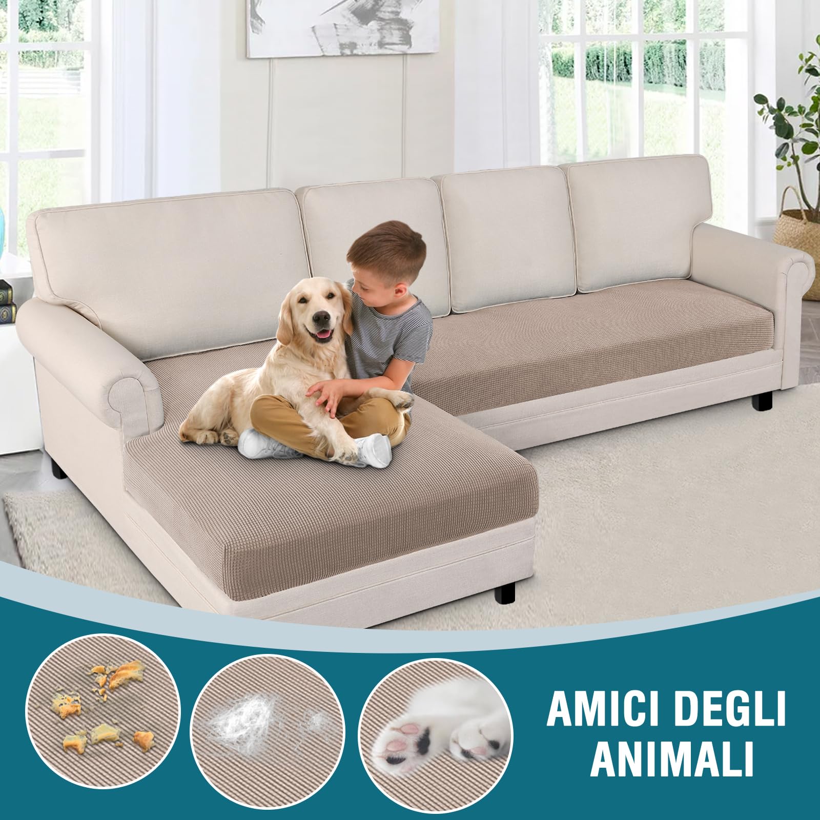 BellaHills Elasticizzato Copridivano 3 Posti Con Penisola, Copridivano Angolare Destra/Sinistra Universale, Lavabile Copri Divano Chaise Longue Antigraffio Gatto (3 Posto + Chaiselongue, Sabbia)