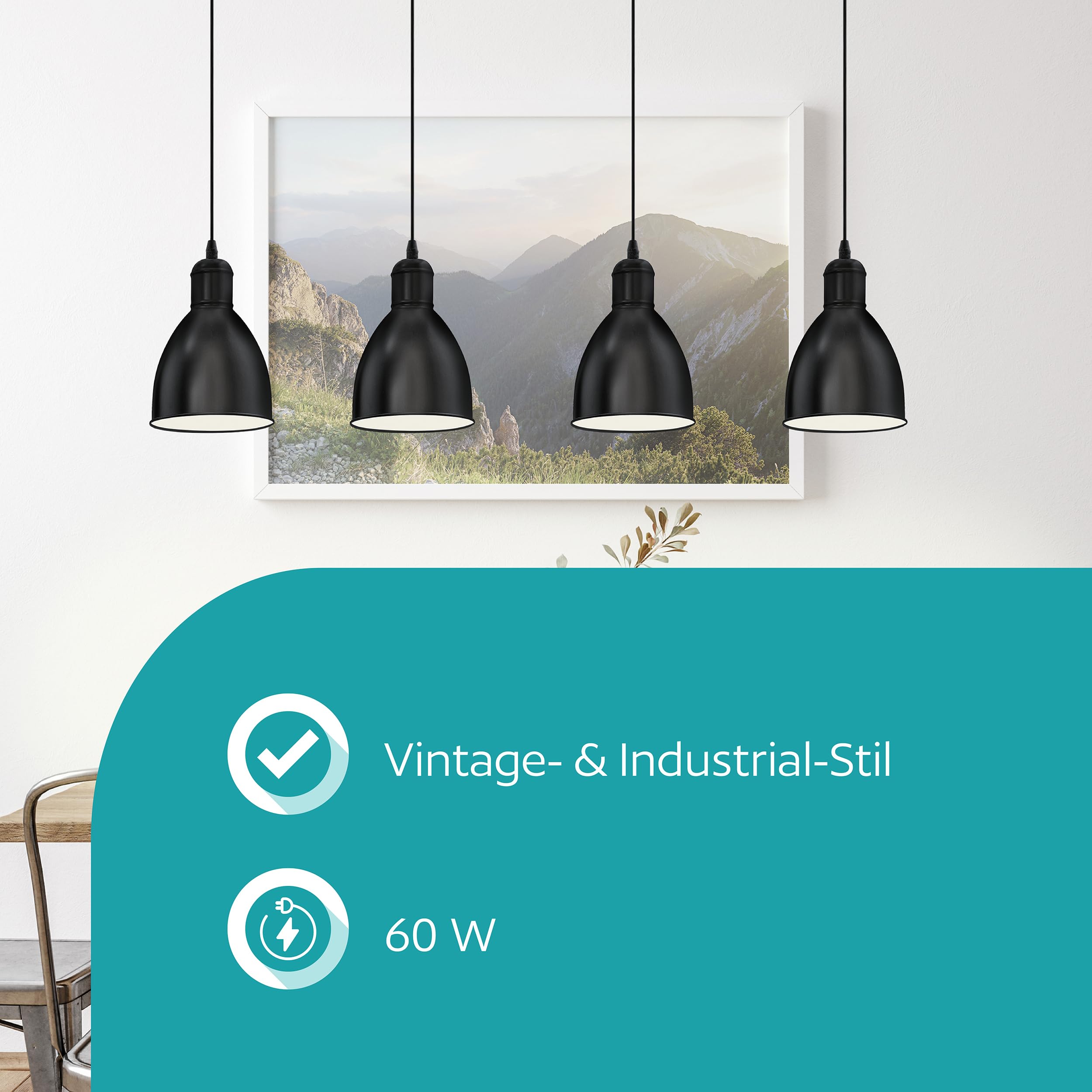 EGLO Pendellampe Priddy 4 flammige Vintage Pendelleuchte | im Industrial Design, Retro Hängelampe aus Stahl, Farbe: Schwarz, weiß, Fassung: E27