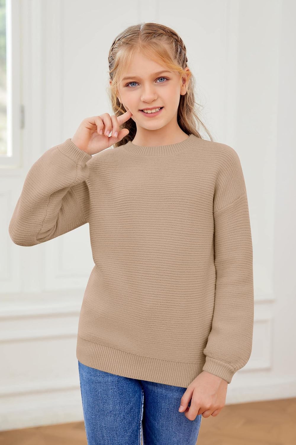 Girls Pullover Sweaters Kids Long Sleeve Drop Shoulder Sweaters Casual Boat Neck Knit Jumper Tops - Image 2