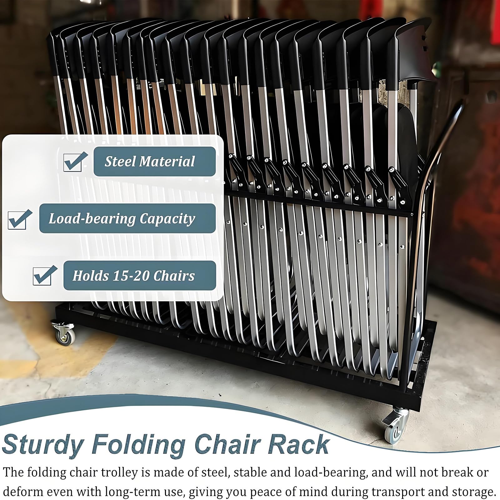 Carrito para almacenar sillas Plegables, Plataforma móvil Plegable para 16-20 sillas Plegables, Plataforma metálica Resistente con Ruedas de Goma con Bloqueo, Ideal para oficinas y Empresas.