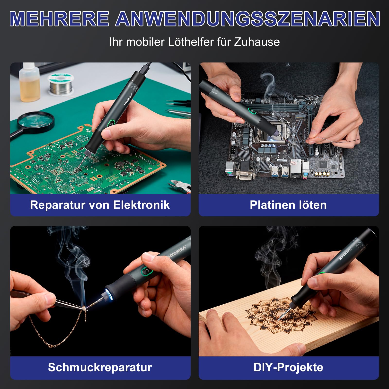 HYCHIKA Lötkolben Set, Akku Lötkolben mit 2600mAh, Intelligentem Indicator, 7s schnelle Heizung (200 ℃ -450 ℃), Auto Schlaf/Aus, mit Halterung, für Elektronik Reparatur, Schweißen, DIY