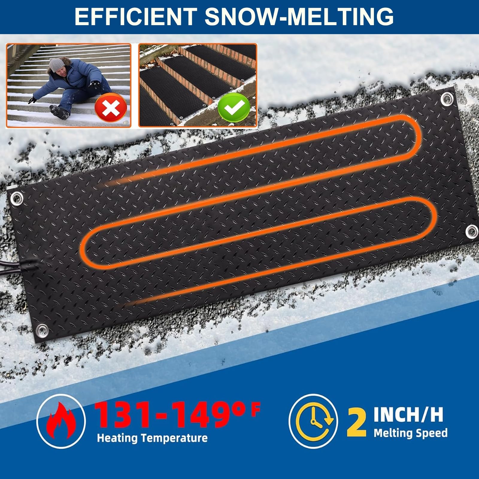 Lot de 4 tapis de fonte de neige pour extérieur, tapis d'escalier chauffant en caoutchouc antidérapant, tapis électrique pour déneigement d'hiver, tapis chauffant d'extérieur (4 pièces, 25,4 x