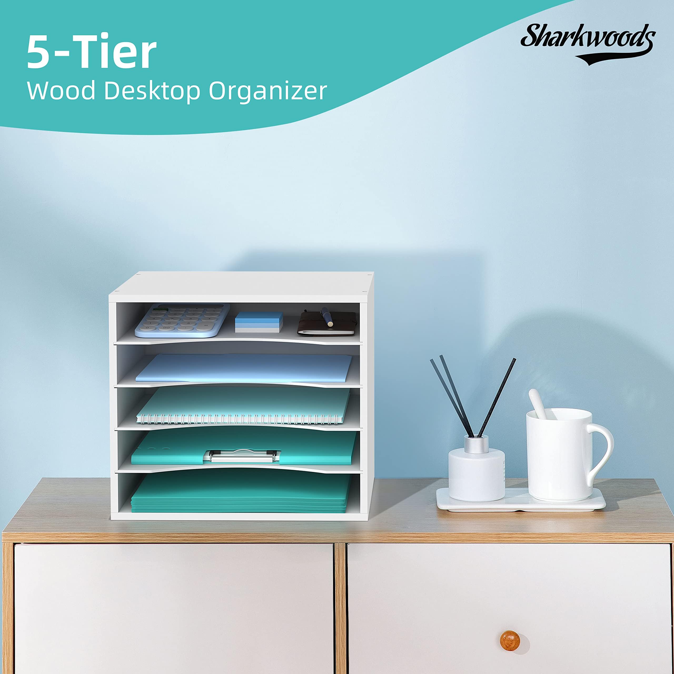SHARKWOODS 5-Tier Wood Desk Organizer, Paper Sorter for Desktop with Adjustable Storage Shelves, Desktop Mail Holder for Office Home Classroom, White