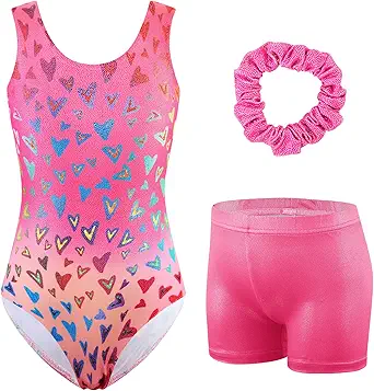 HOZIY Girls Gymnastics Leotards Outfits Sparkly Bow Back Unitards Biketard with Tumbling Shorts Hair band Kids 3-10 Years