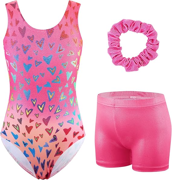 HOZIY Girls Gymnastics Leotards Outfits Sparkly Bow Back Unitards Biketard with Tumbling Shorts Hair band Kids 3-10 Years