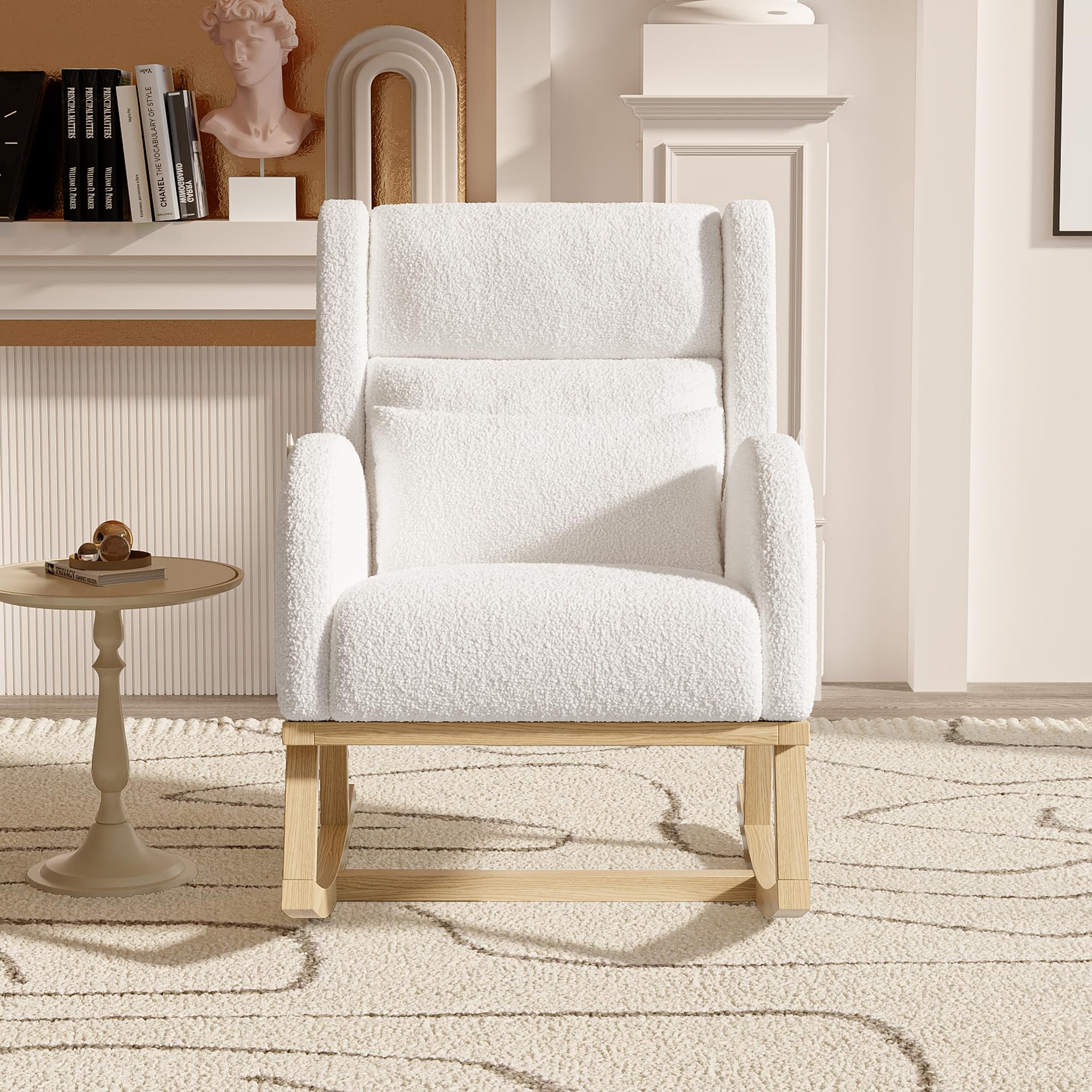 Rocking Chair,Living Room Rocking Chair Interieur,Chaise à Bascule avec Coussin Lombaire, Fauteuil a Bascule Allaitement en Velours Teddy avec Pieds en Bois Massif, Blanc