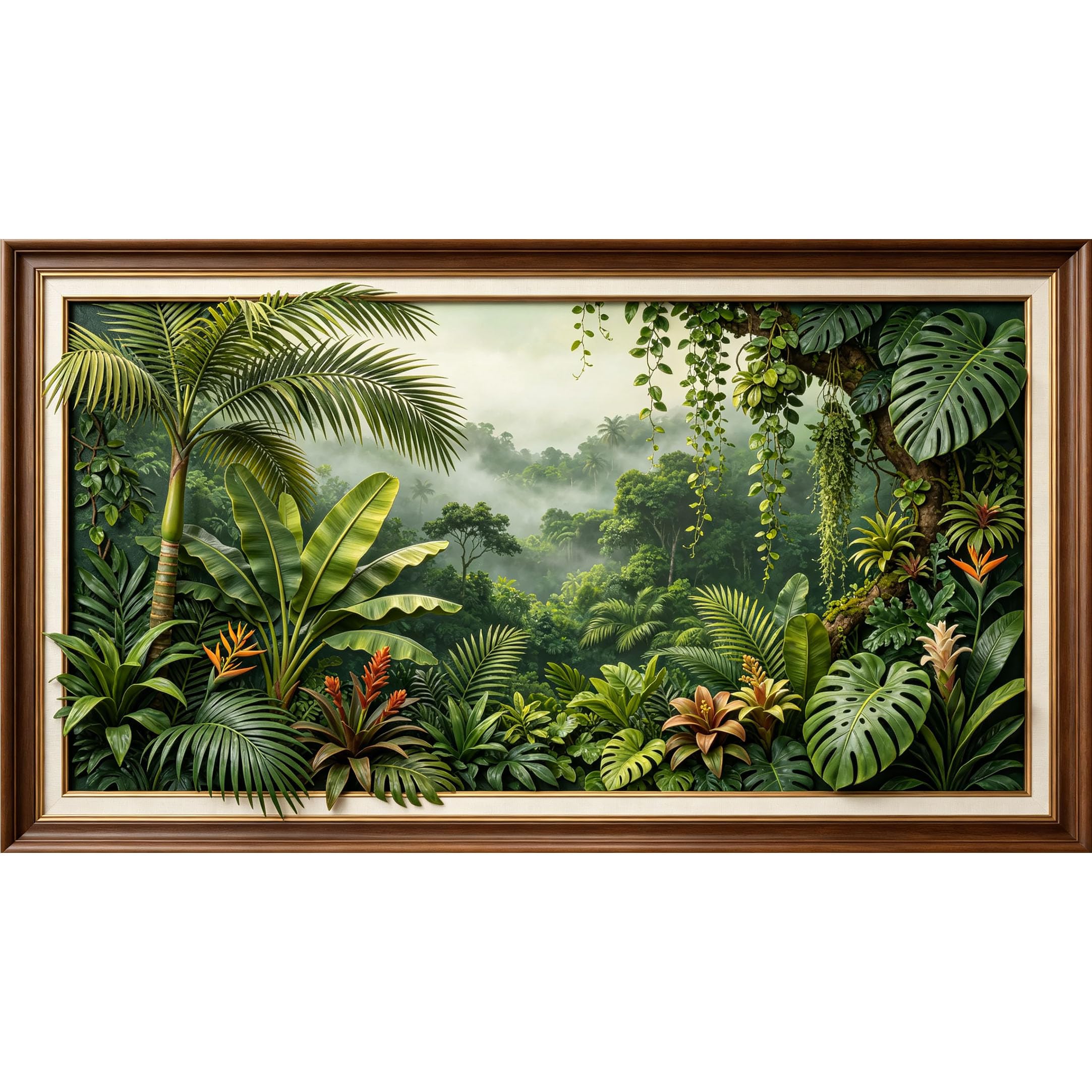QZLITHOTIC 50x90cm3D Framed Wall Art， Tropical Jungle Botanical Green Foliage Forest Self‑Adhesive Mural， Water‑Activated Peel & Stick Fabric Decor Wall Decal for Bedroom Living Room