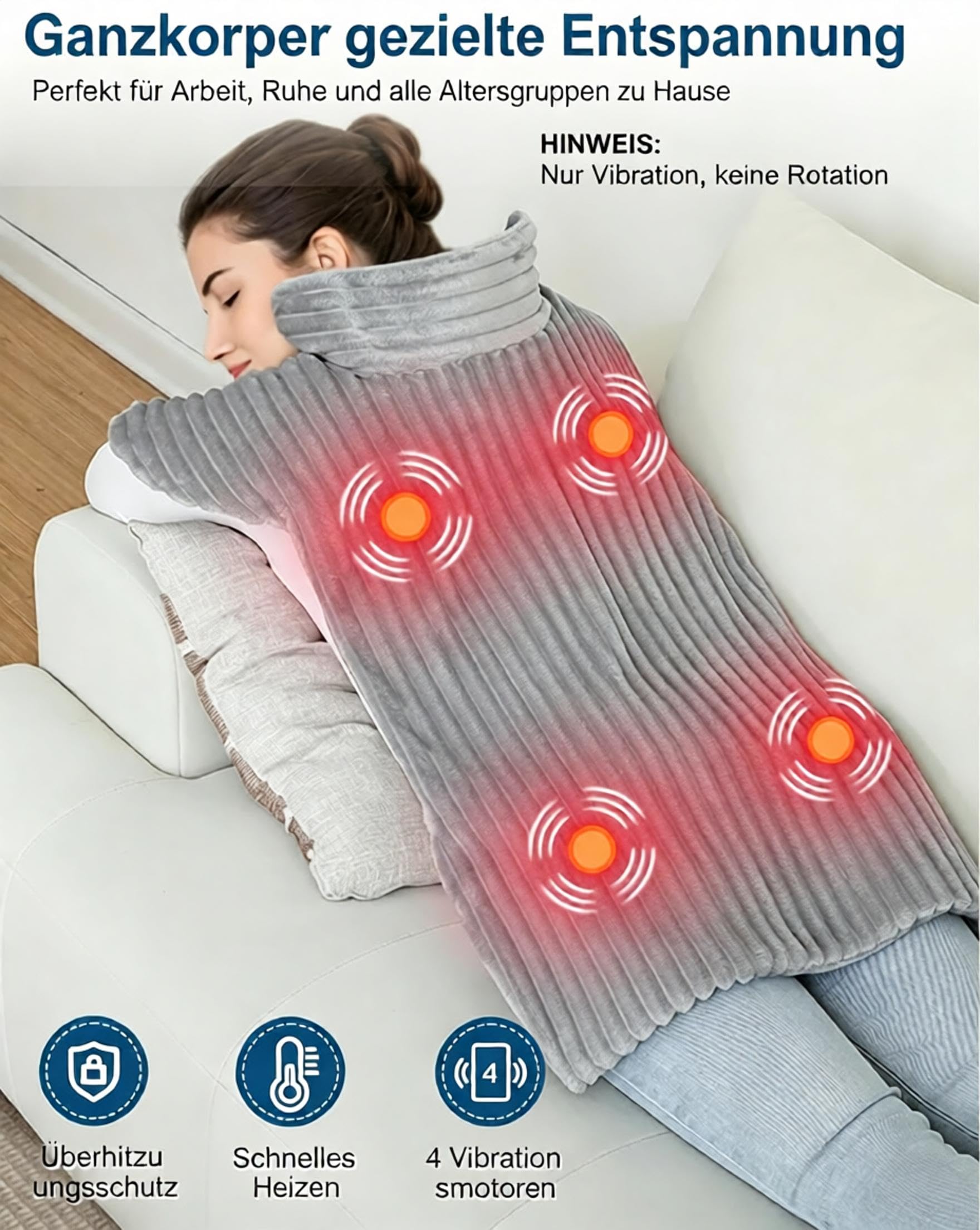 Dowin Heizkissen mit Vibrationsmassage 60x100cm Für Rücken Schulter Nacken | Elektrisch Wärmekissen mit Abschaltautomatik, Electric Heating Pad mit Taillenriemen, Rückenwärmer, Maschinenwaschbar