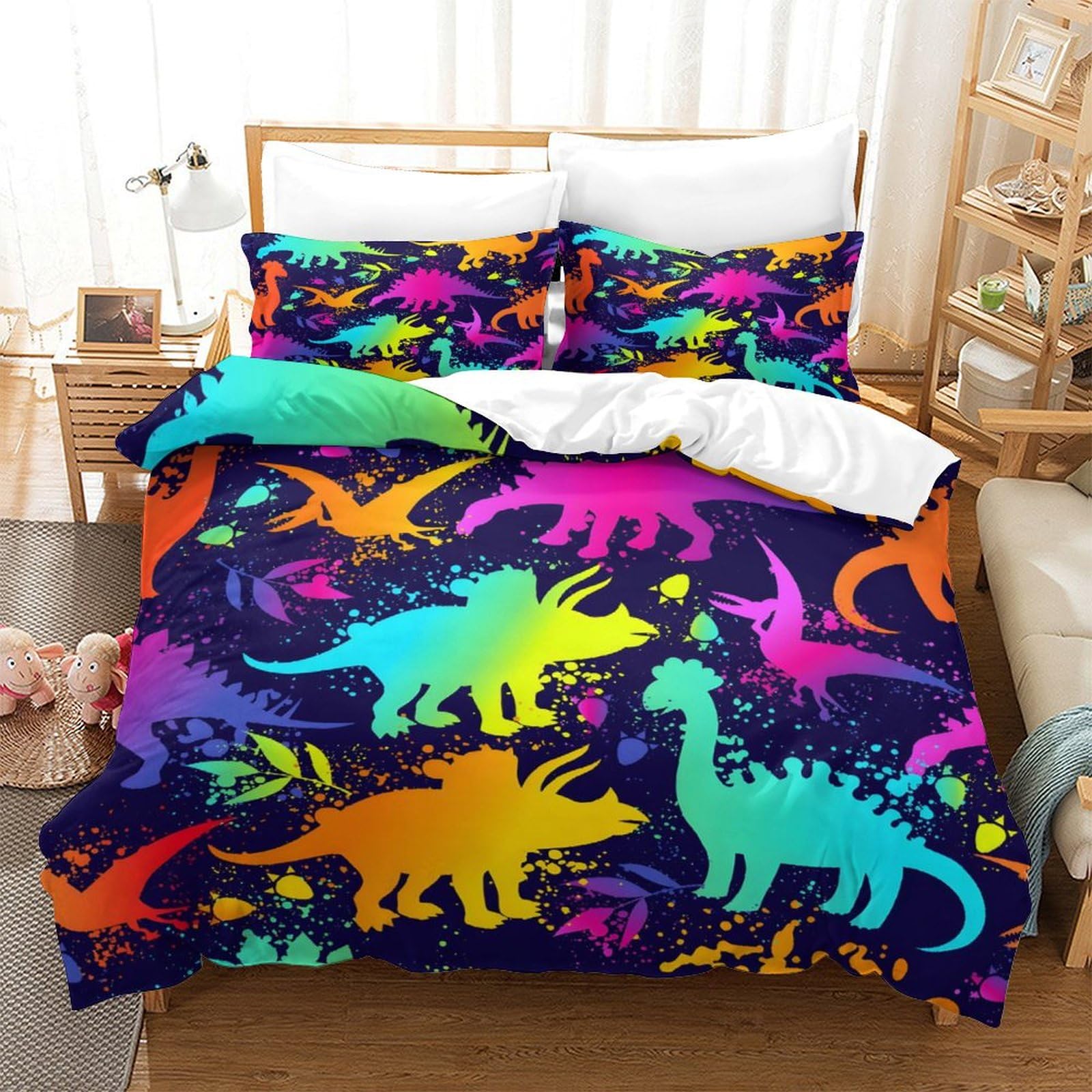 LIAOHENKAN Jurassic Funny Dinosaurs Kids Soft Microfiber Bedding Set Full Size 3Pcs Comforter Set with Zipper Closure Ultra Soft Quilt Set Breathable Duvet Cover Set Bedclothes Super King（260x220cm）